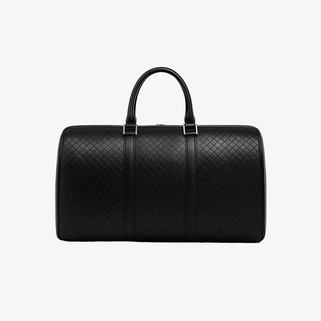 Black quilted leather duffel bag on a white background