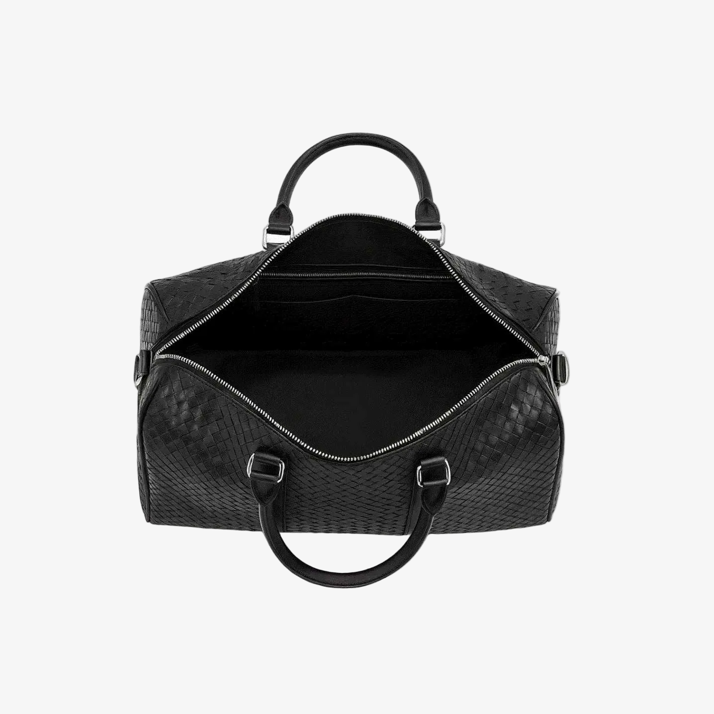 Black textured duffel bag with open top on a white background