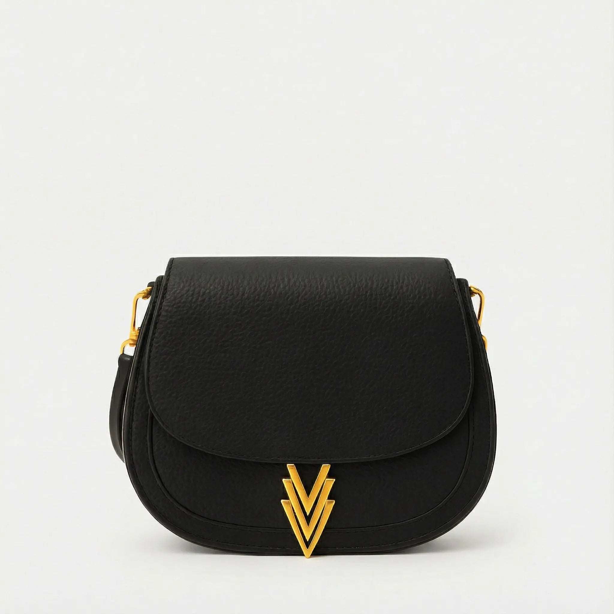 Black handbag with gold accents on a white background