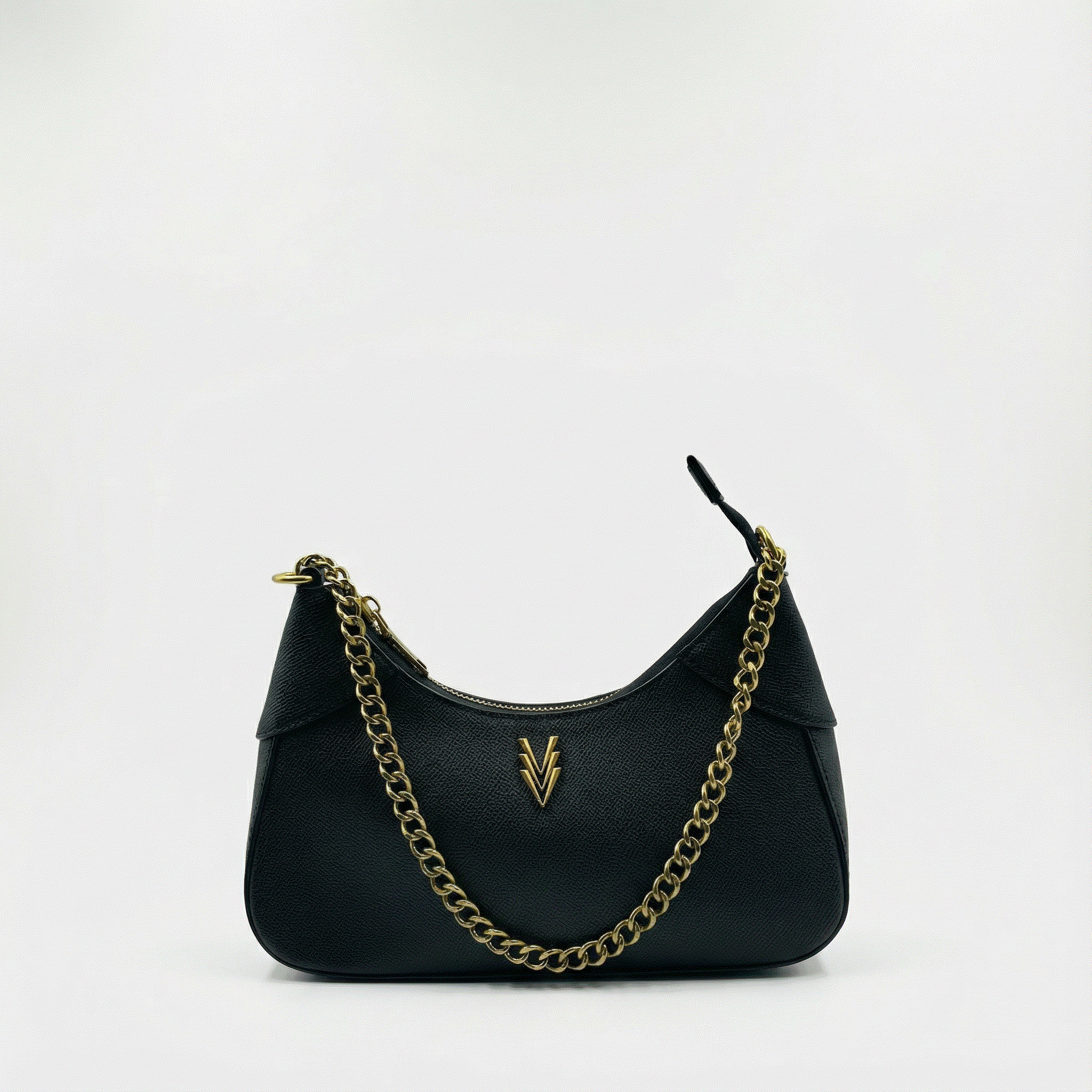 Black handbag with gold chain strap on a white background