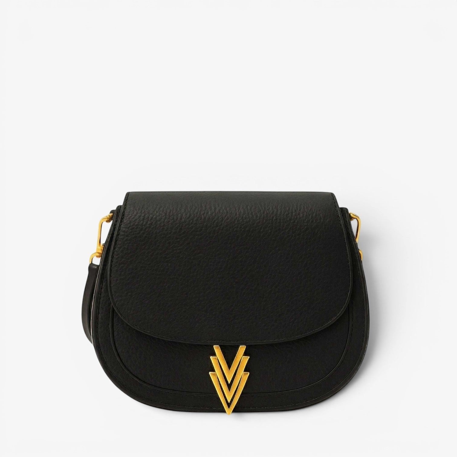 Black handbag with a gold emblem on a light gray background