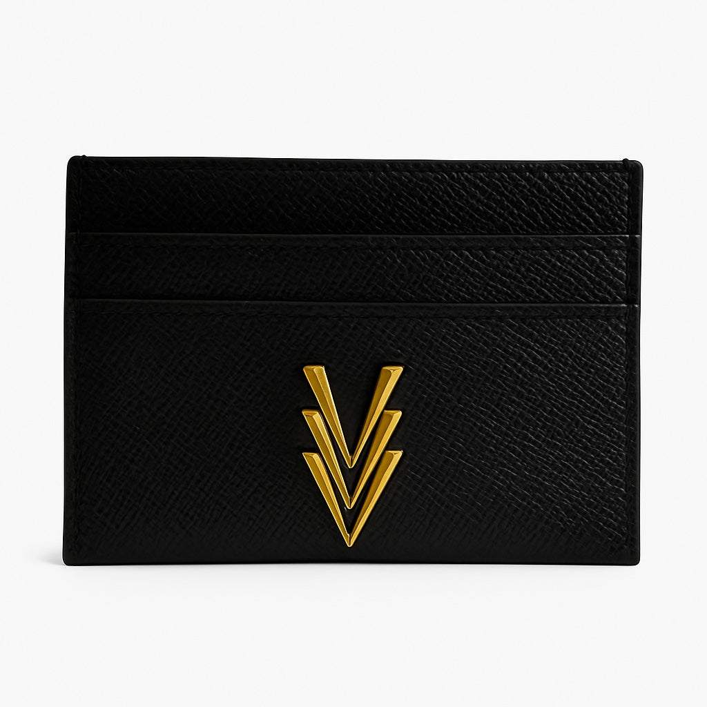 Black cardholder with gold emblem on a white background
