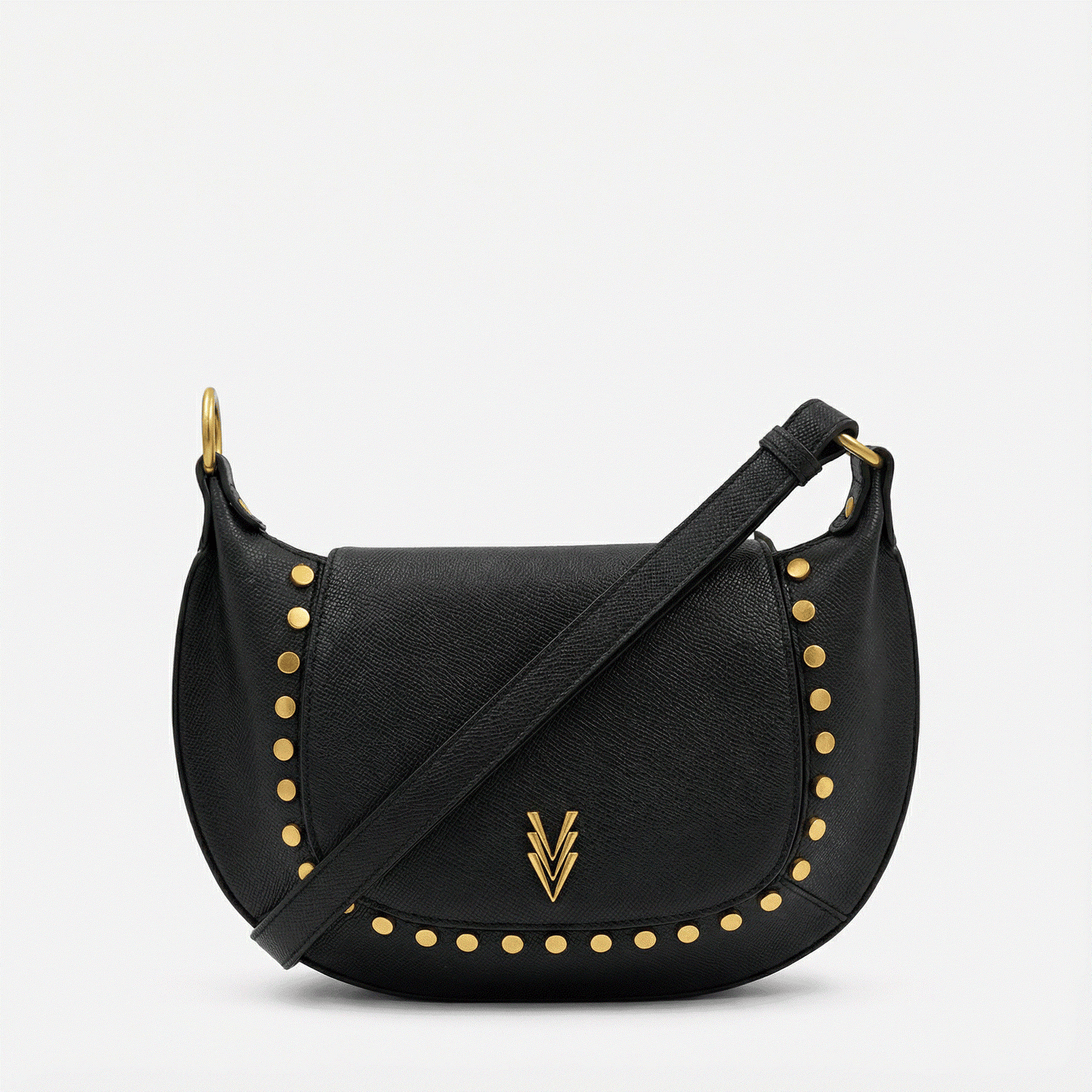 Black handbag with gold studs and a brand logo on a light gray background