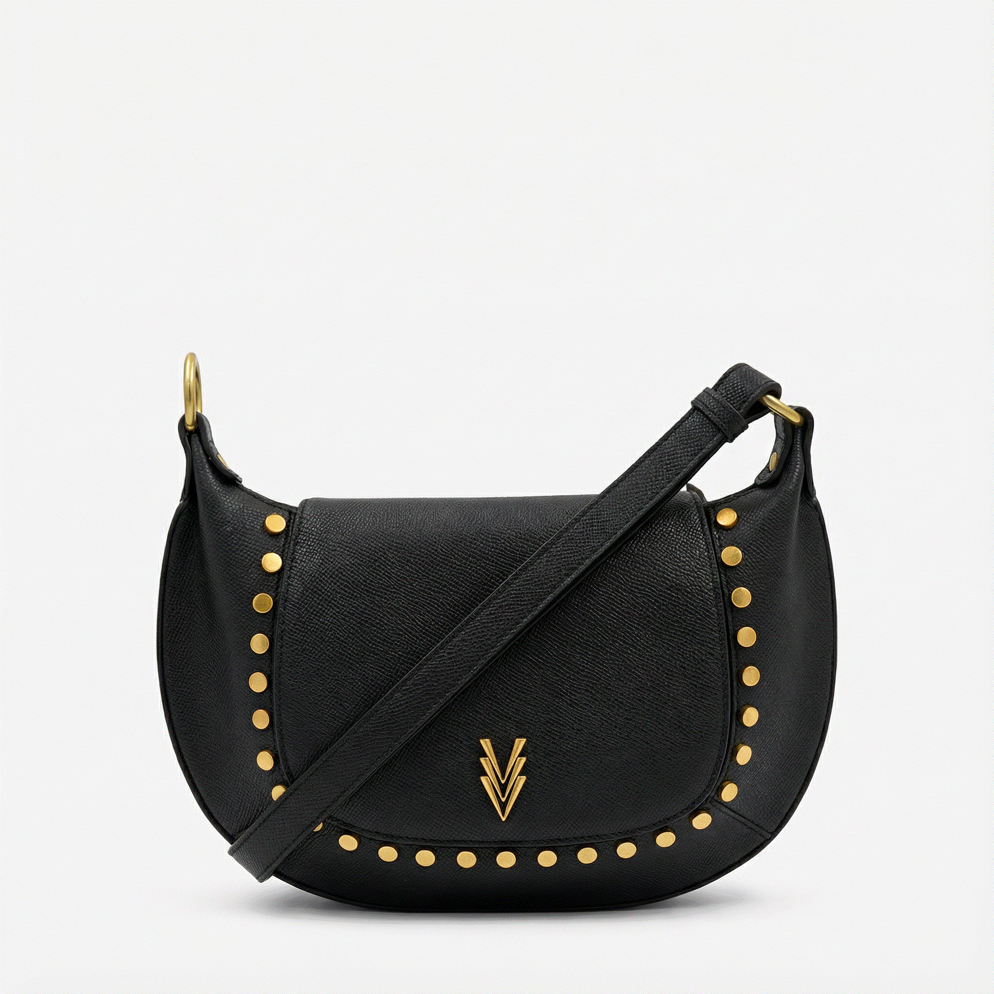 Black handbag with gold studs and a brand logo on a light gray background