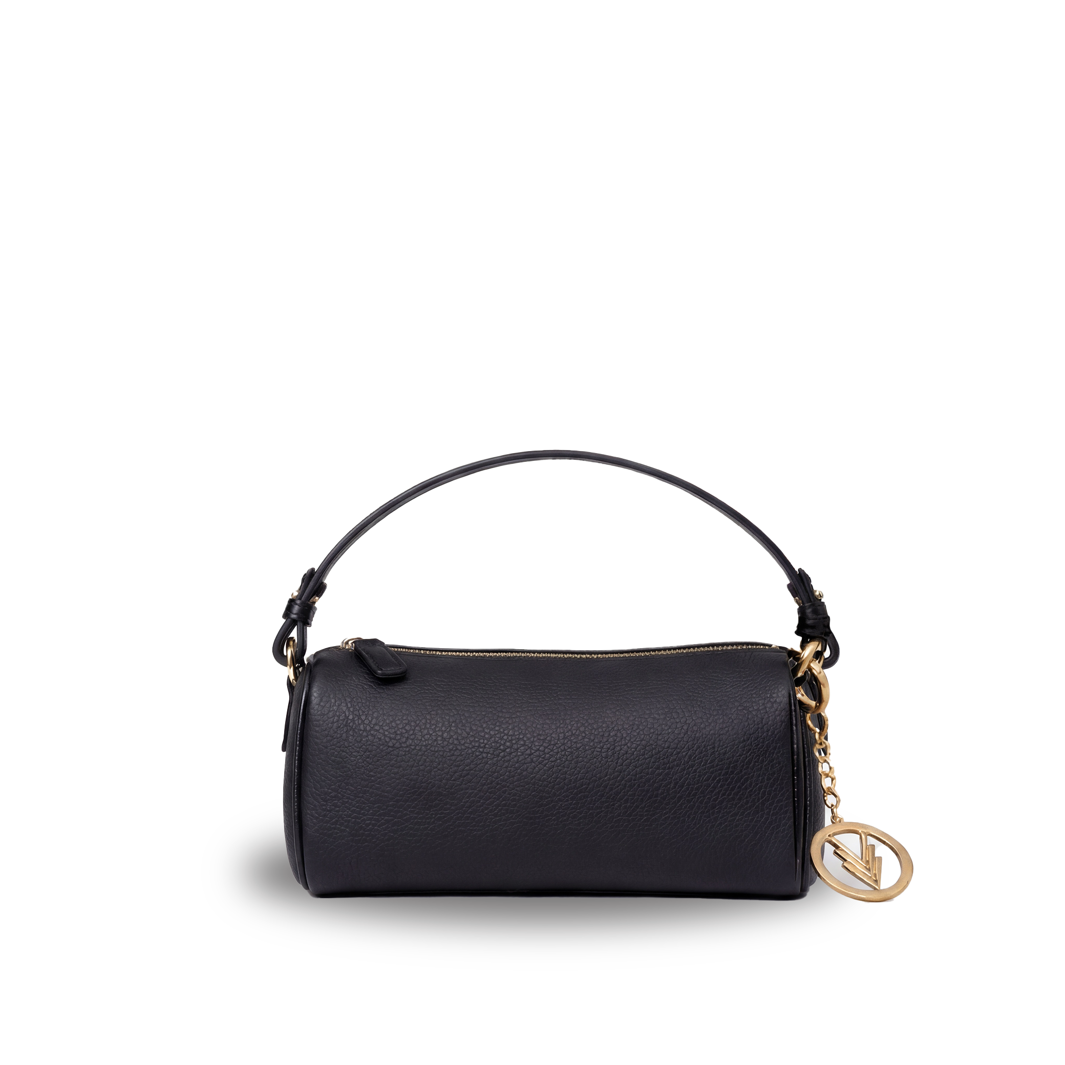 Black handbag with a gold chain on a white background