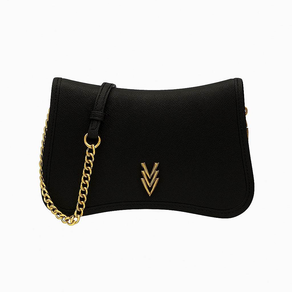 Black vegan leather crossbody bag with adjustable gold chain and flap pocket