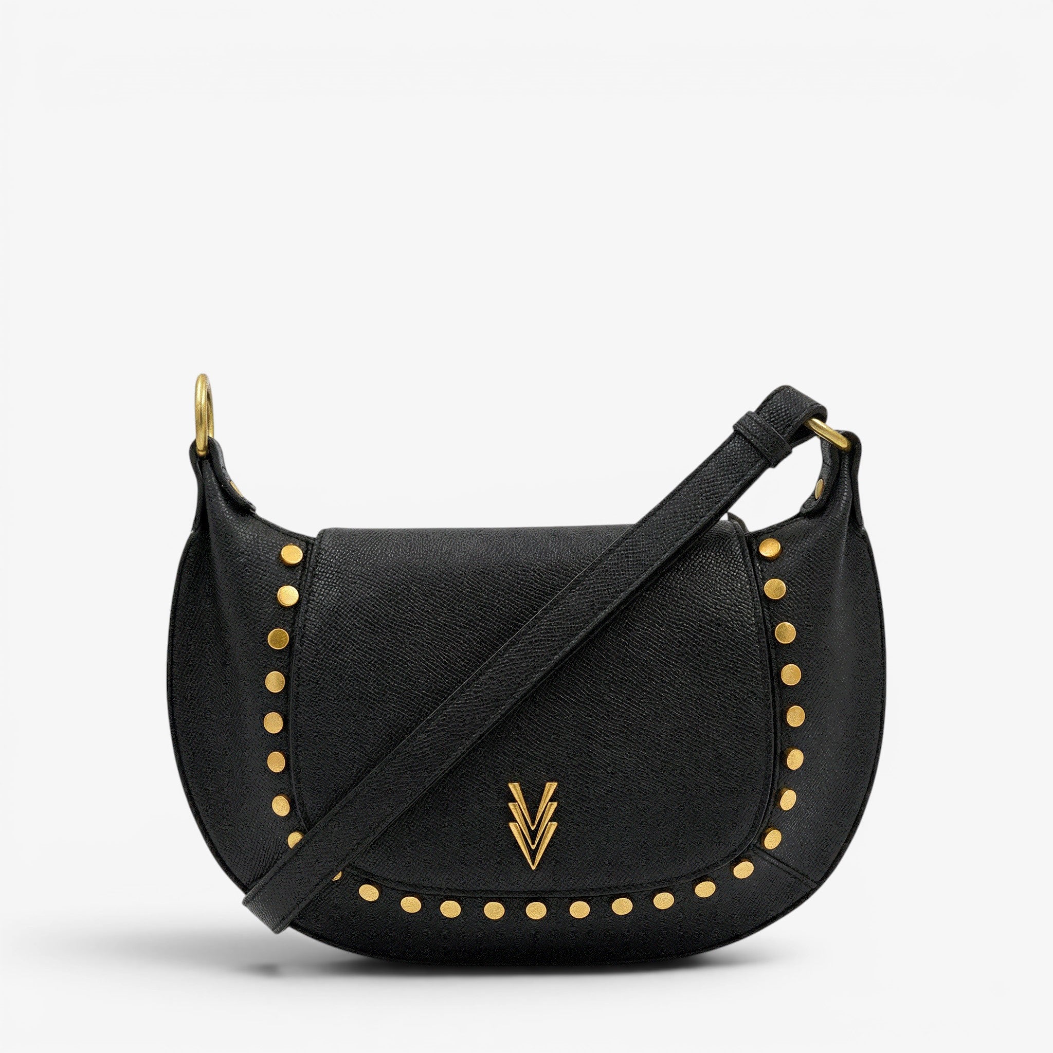 Black handbag with gold studs and a brand logo on a light gray background