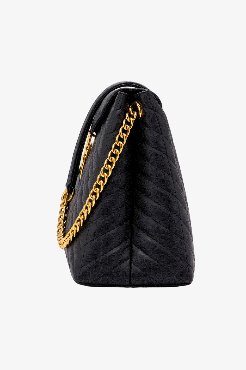 Black quilted handbag with a gold chain on a light gray background