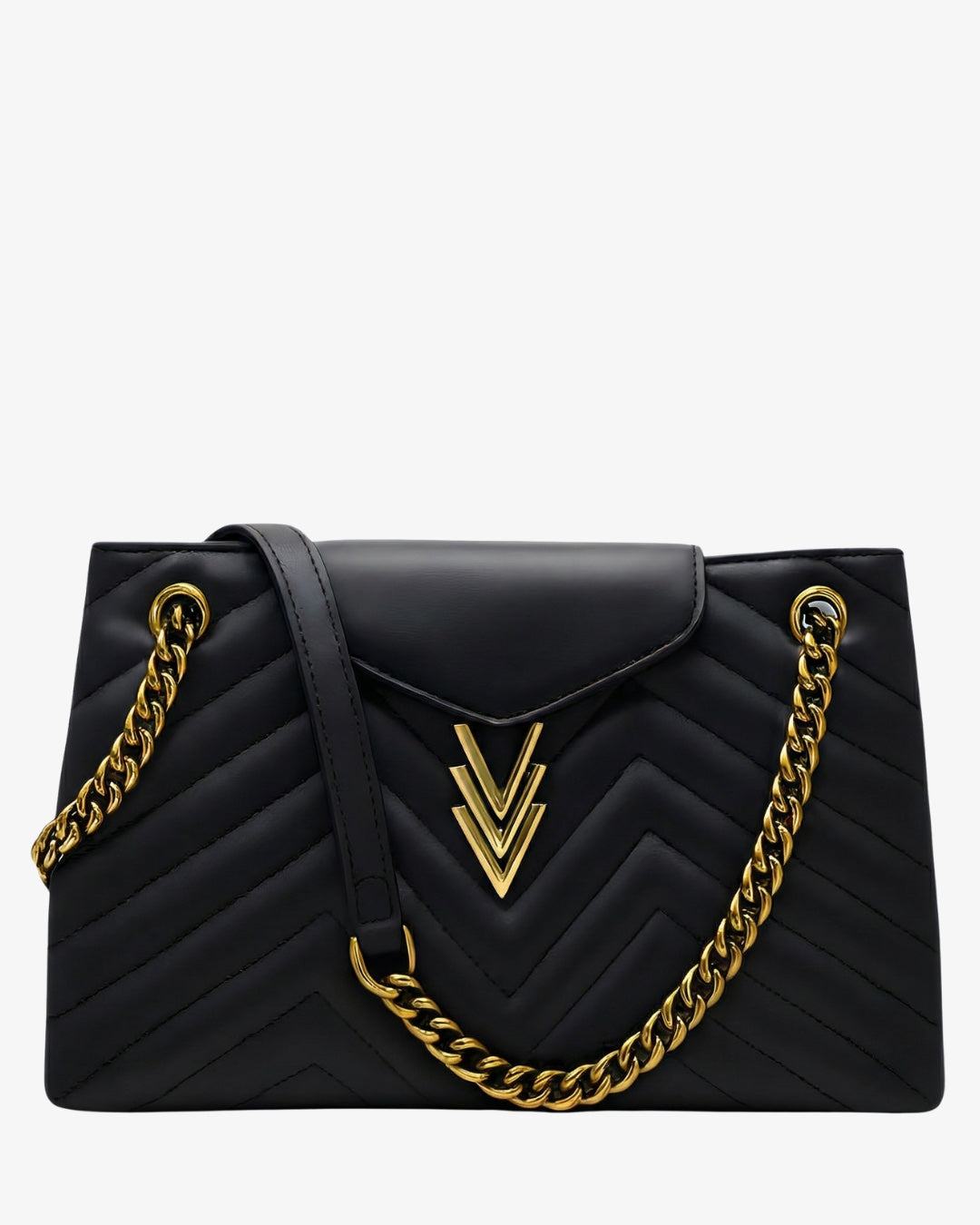 Black handbag with gold chain strap on a white background