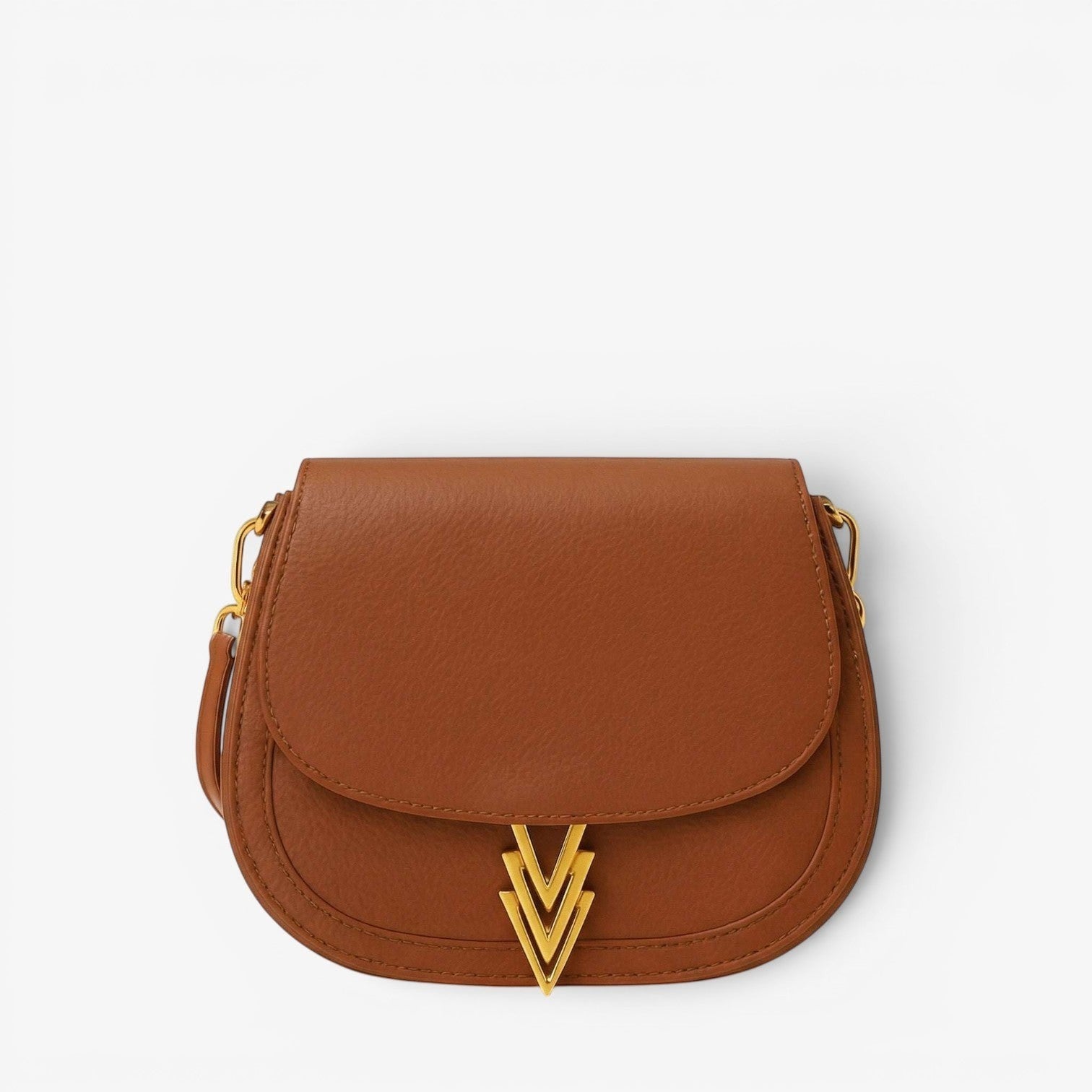 Brown leather handbag with gold accents on a white background