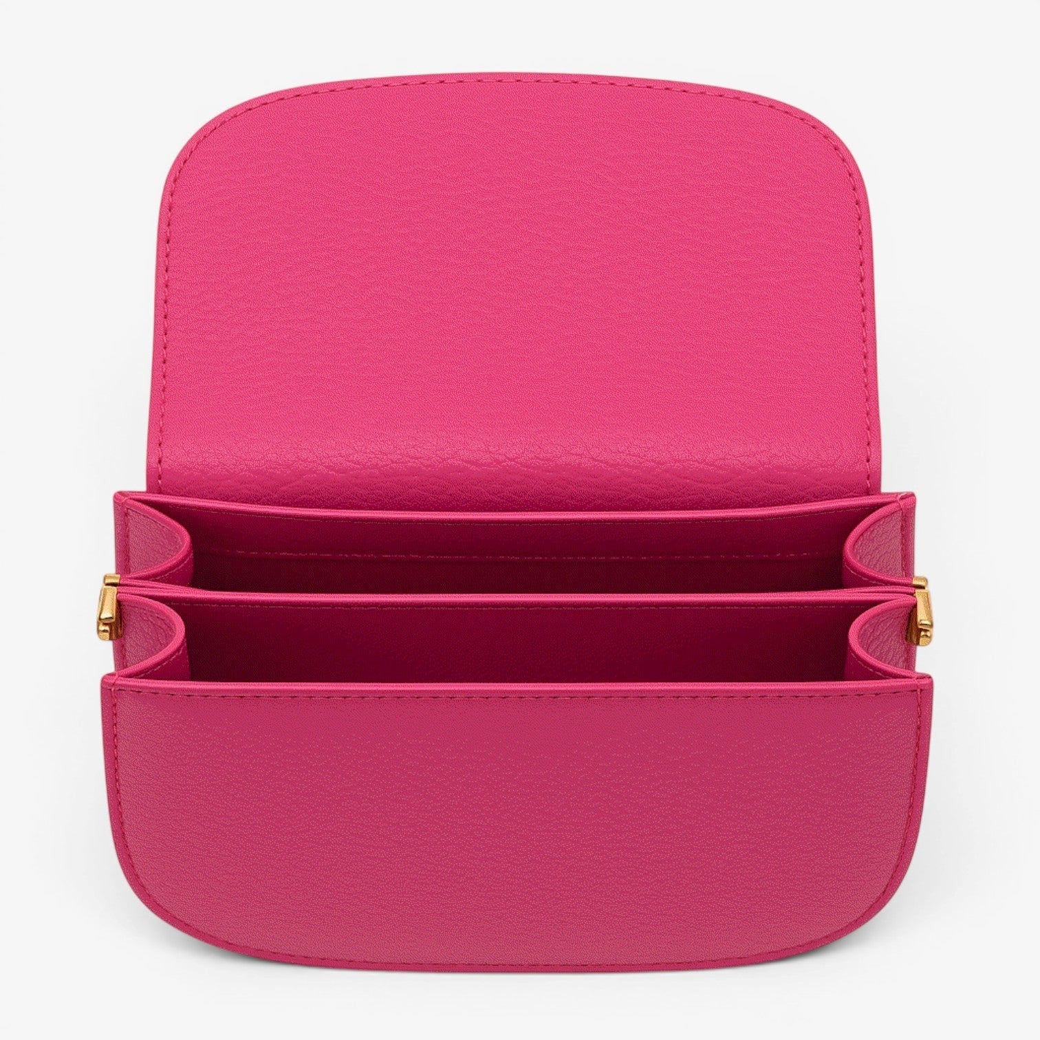 Pink faux leather crossbody with gold accents on a white background