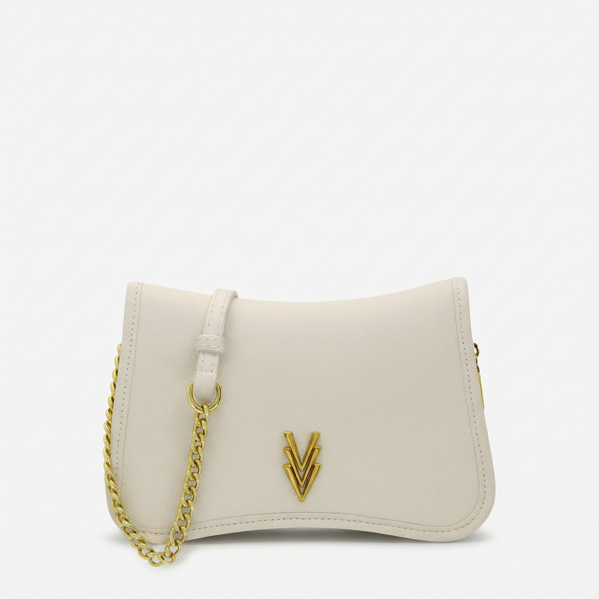 White handbag with gold chain and logo on a white background