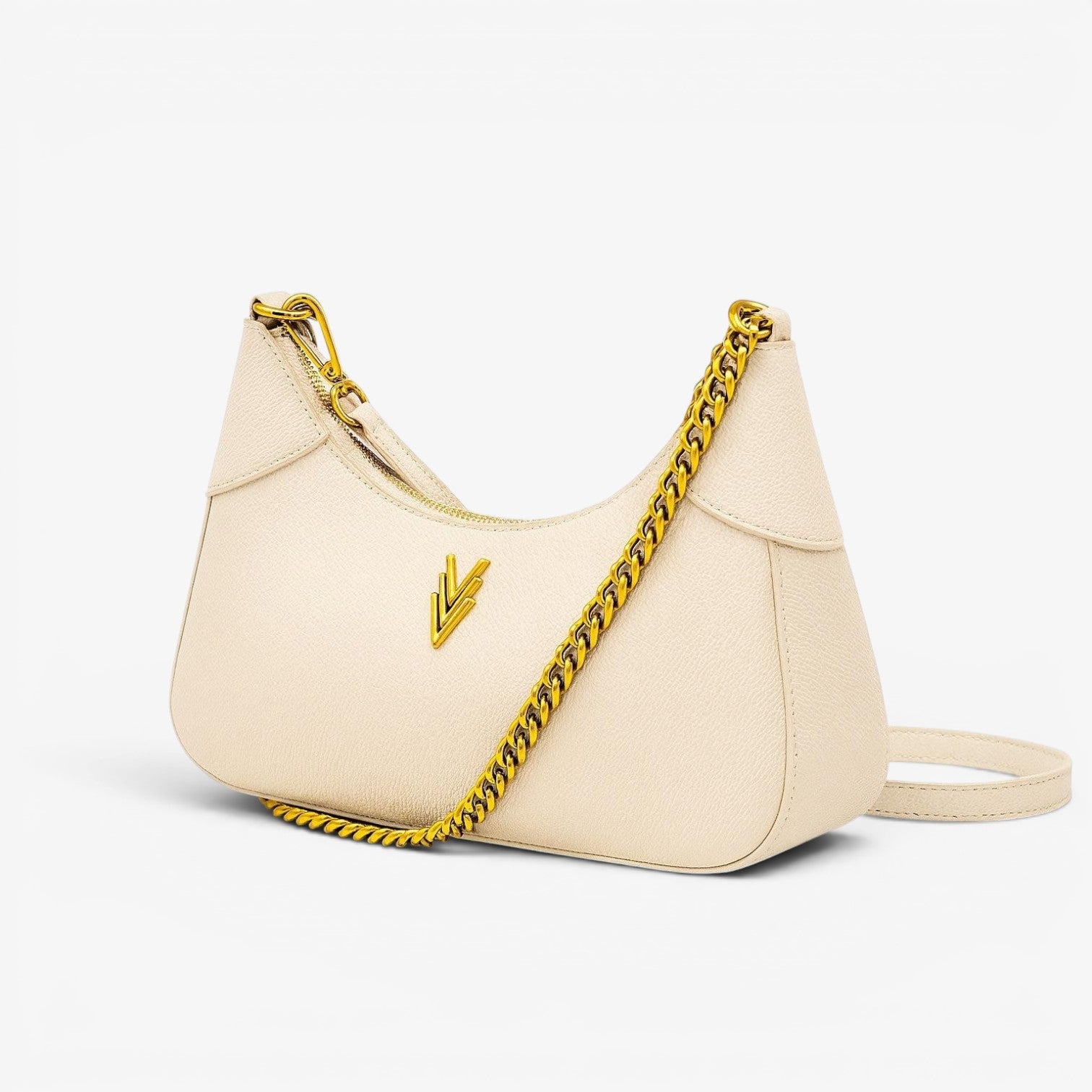 Beige handbag with a gold chain strap on a white background