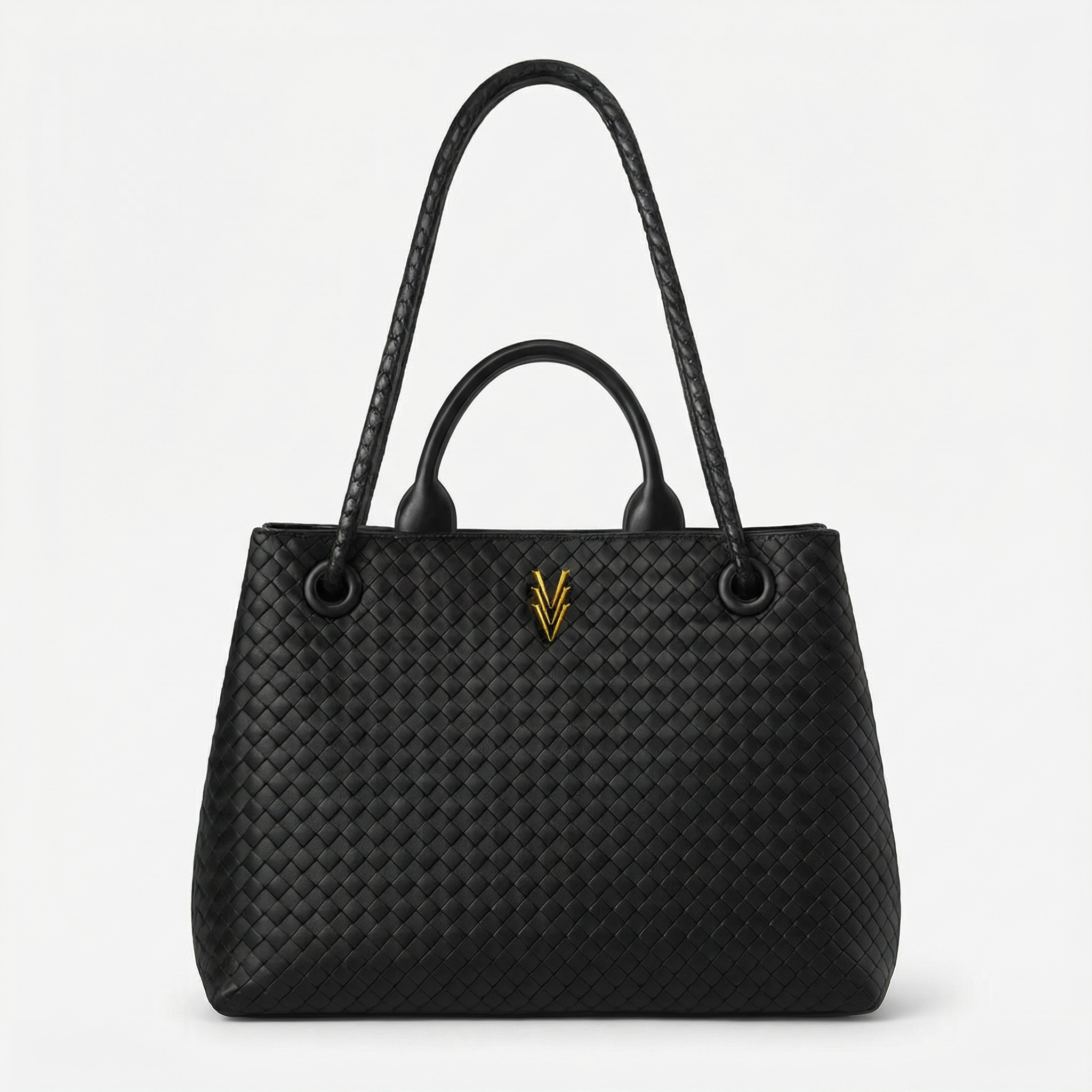 Black woven handbag with a gold logo on a light gray background