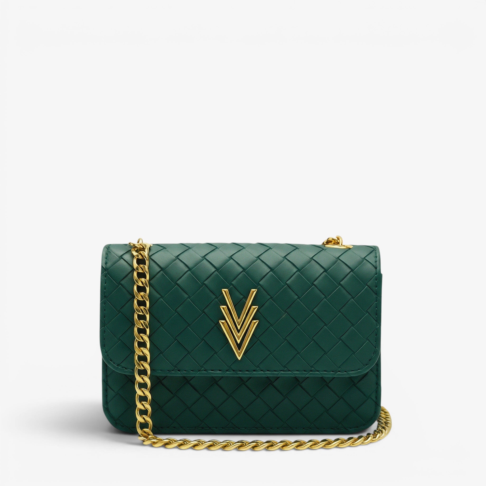 Green handbag with gold chain and logo on a light gray background