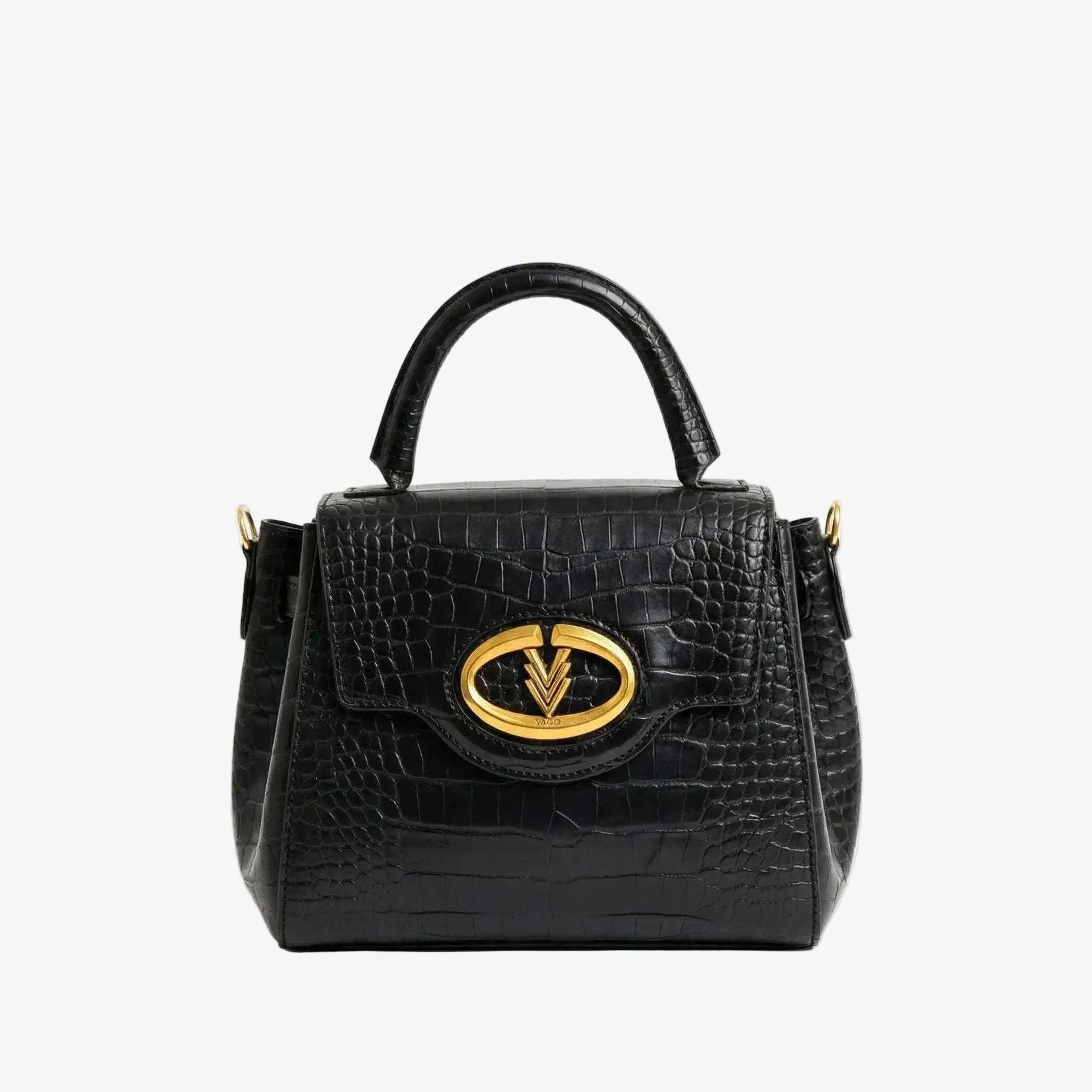 Black crocodile-patterned handbag with a gold emblem on a white background