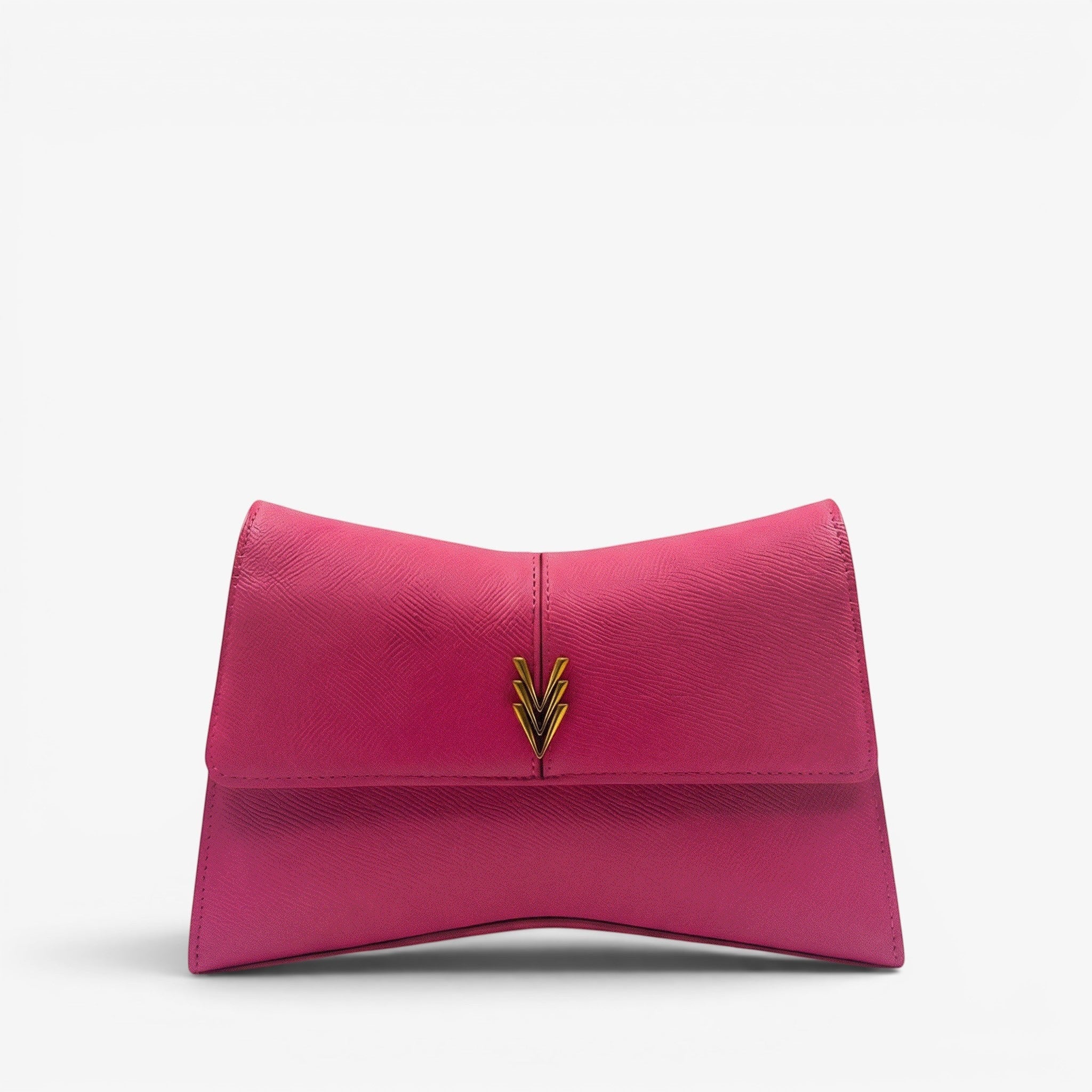 Pink clutch bag with a gold emblem on a light gray background