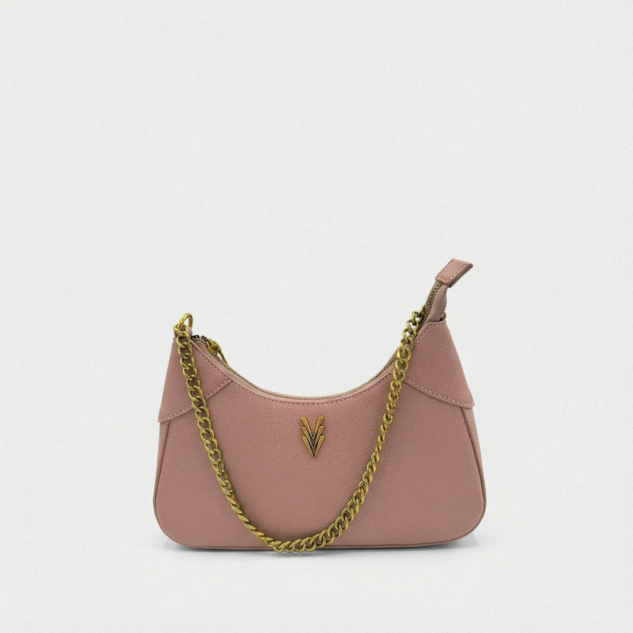 Pink handbag with gold chain strap on a white background