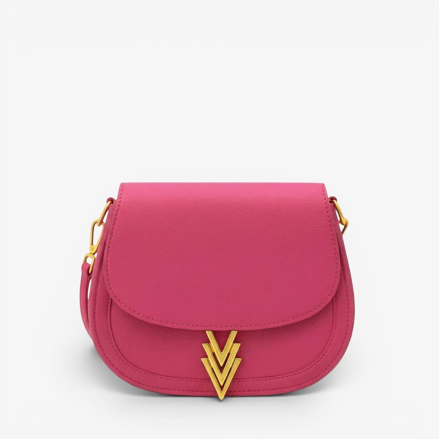 Pink handbag with a gold emblem on a white background