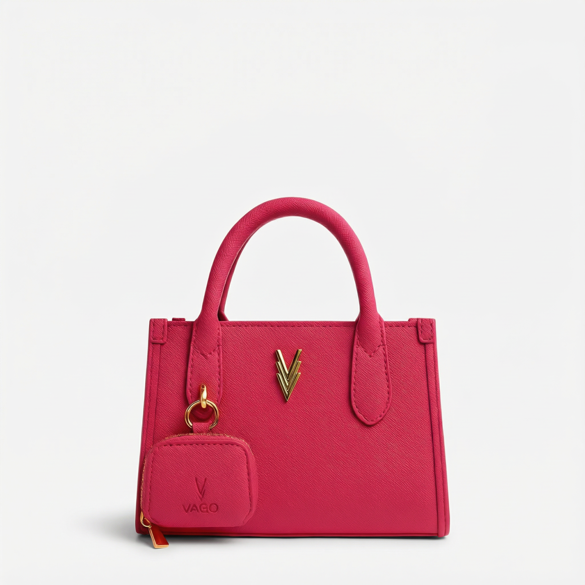 Pink handbag with a gold clasp on a light gray background
