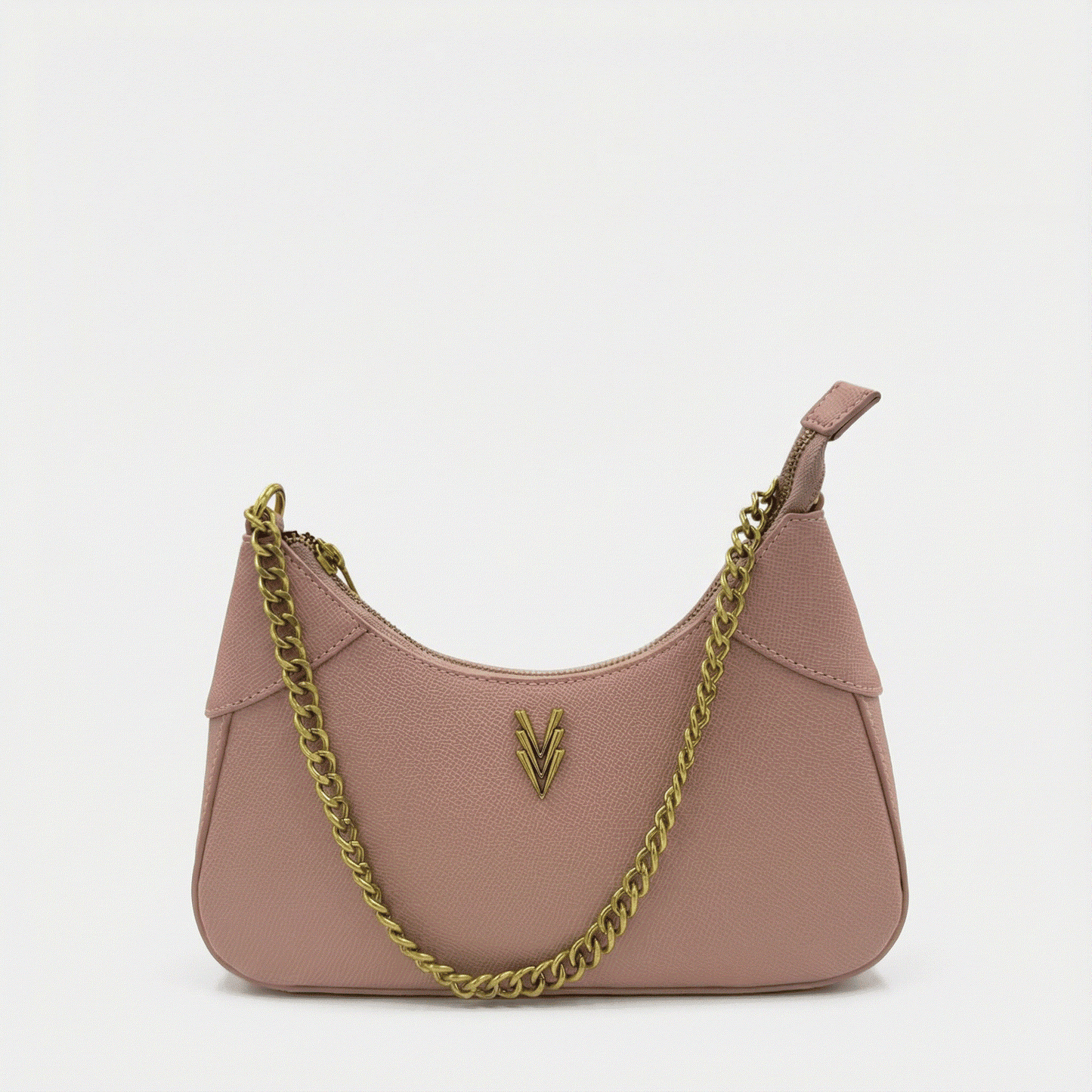 Pink handbag with gold chain strap on a white background