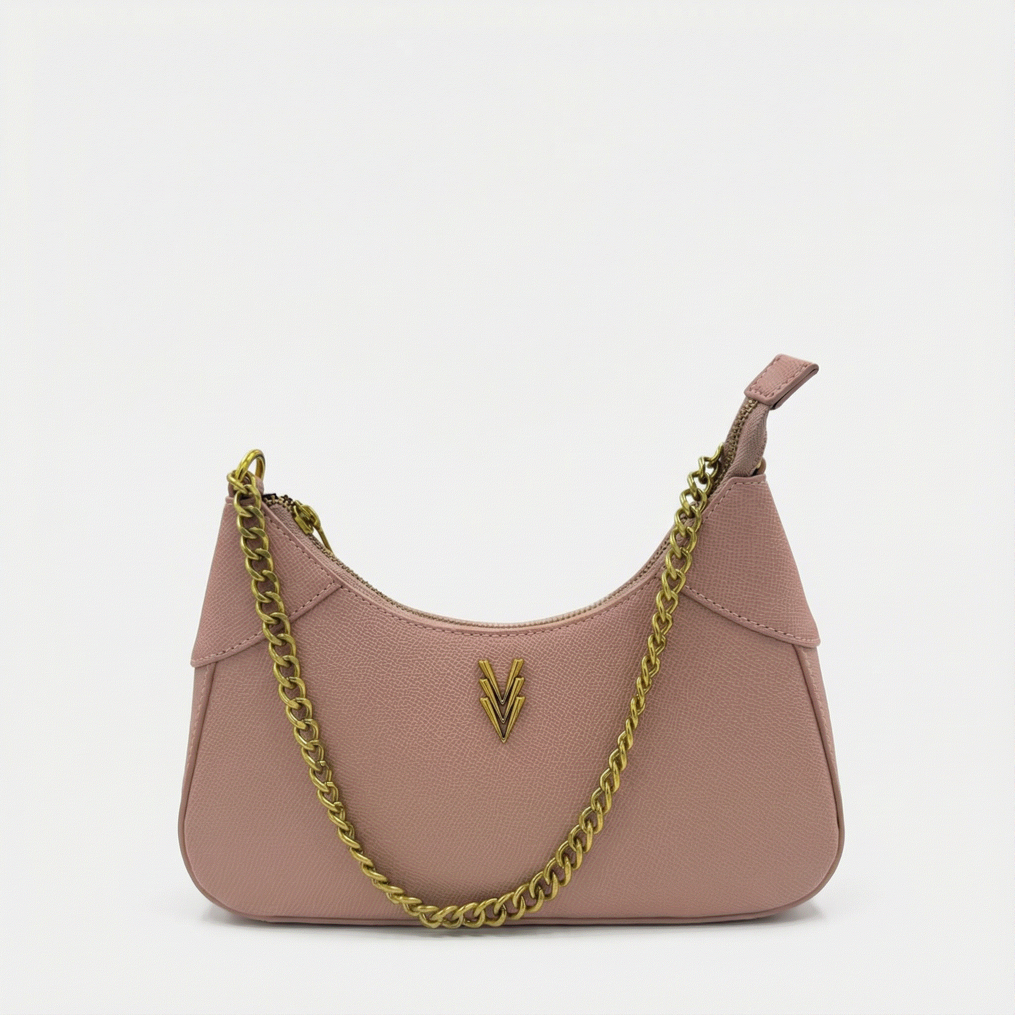 Pink handbag with gold chain strap on a white background