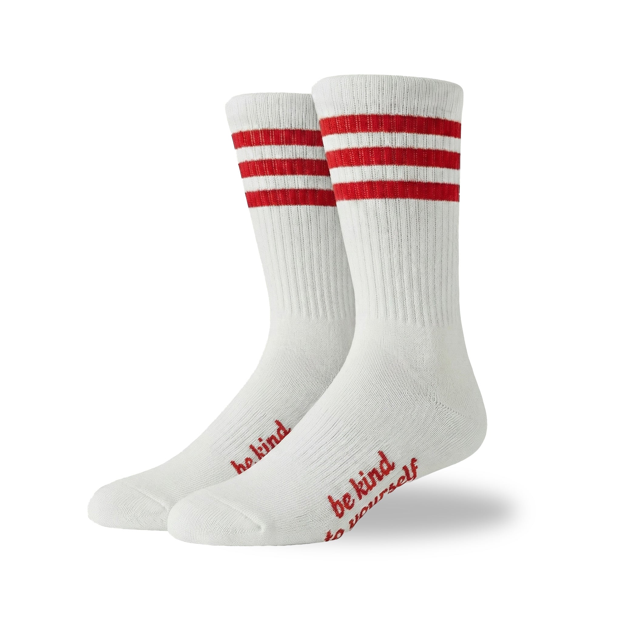 White socks with red stripes and text on a white background
