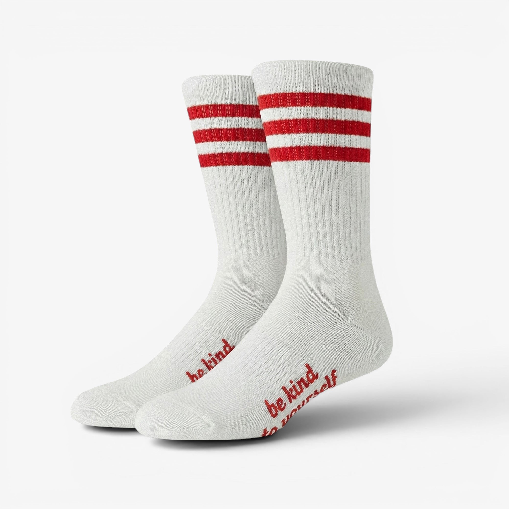 White socks with red stripes and text on a white background