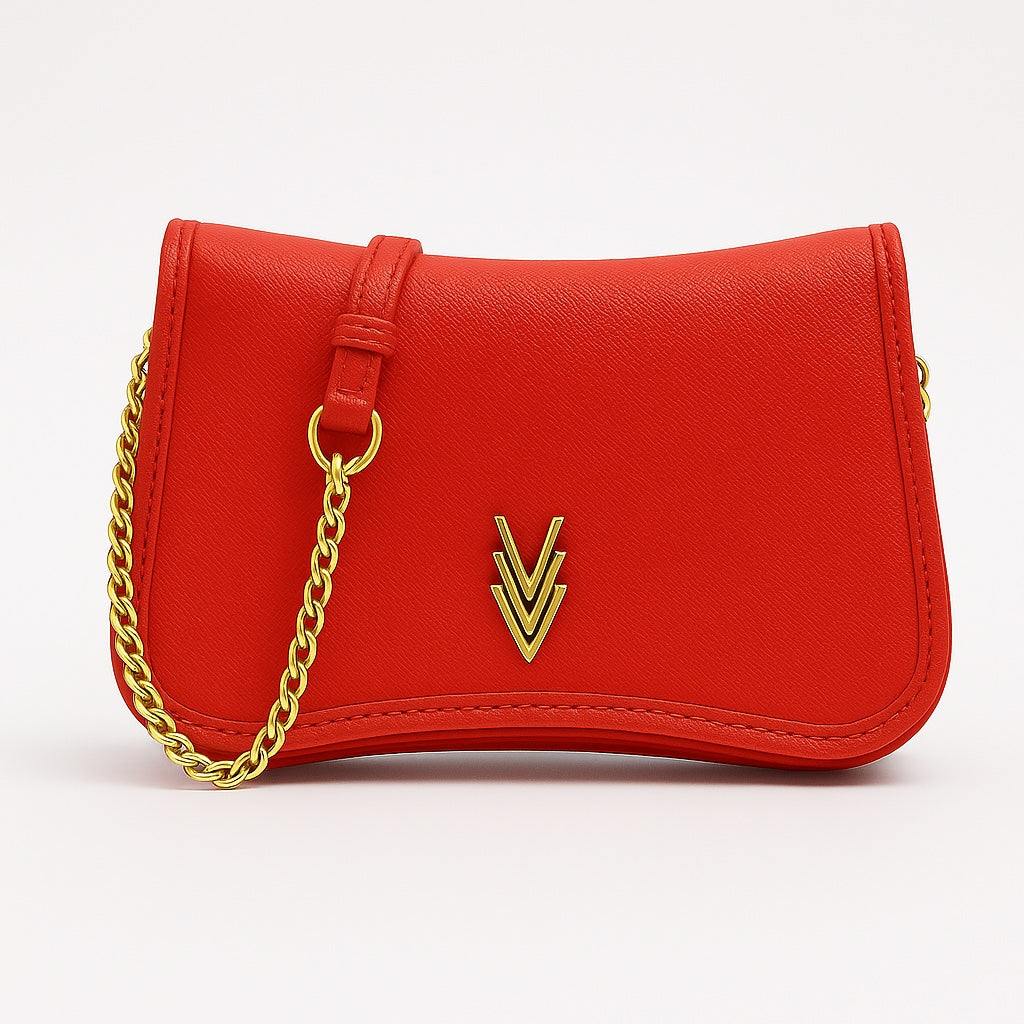 Red vegan leather crossbody bag with adjustable gold chain and flap pocket, small and chic.