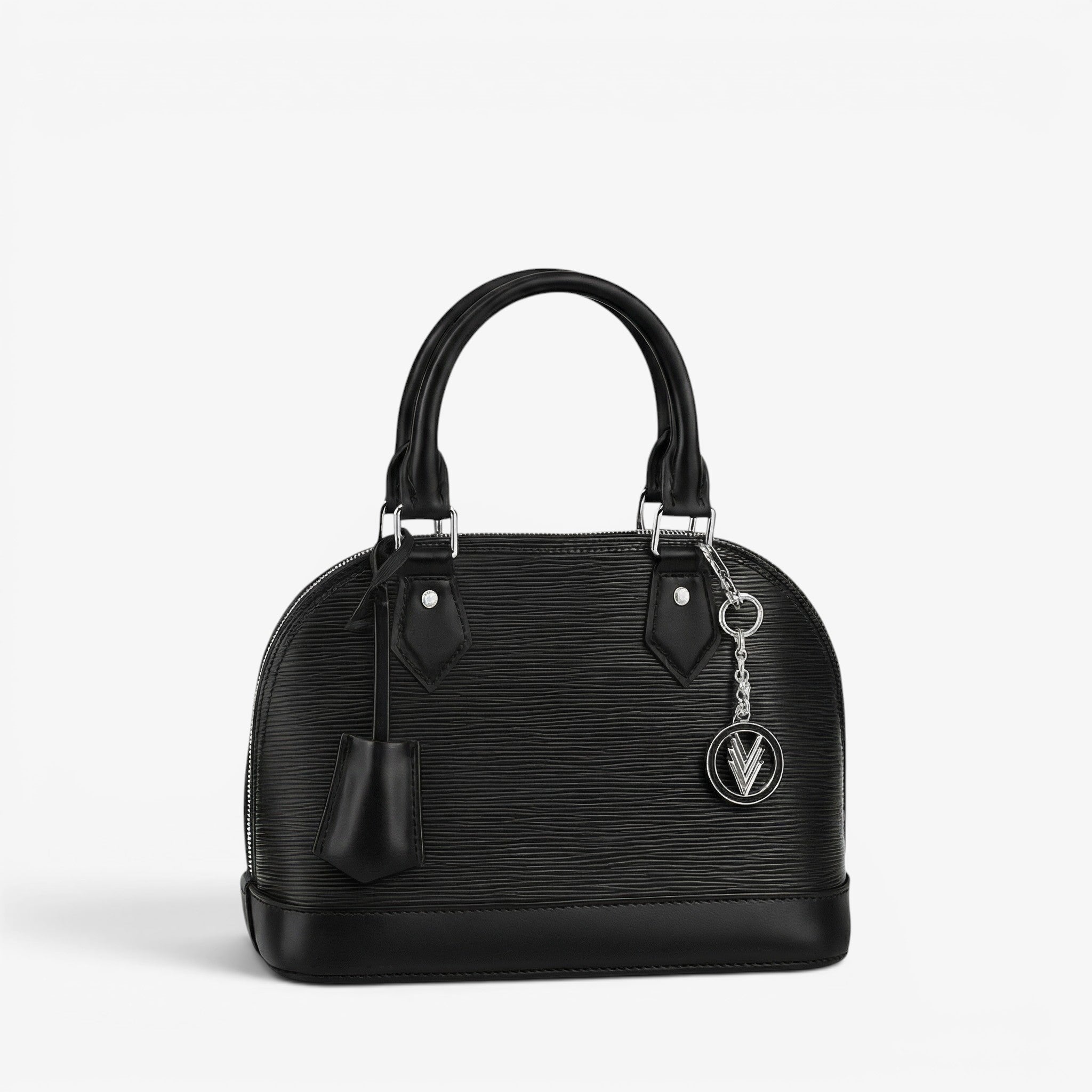 Black handbag with a brand logo on a white background
