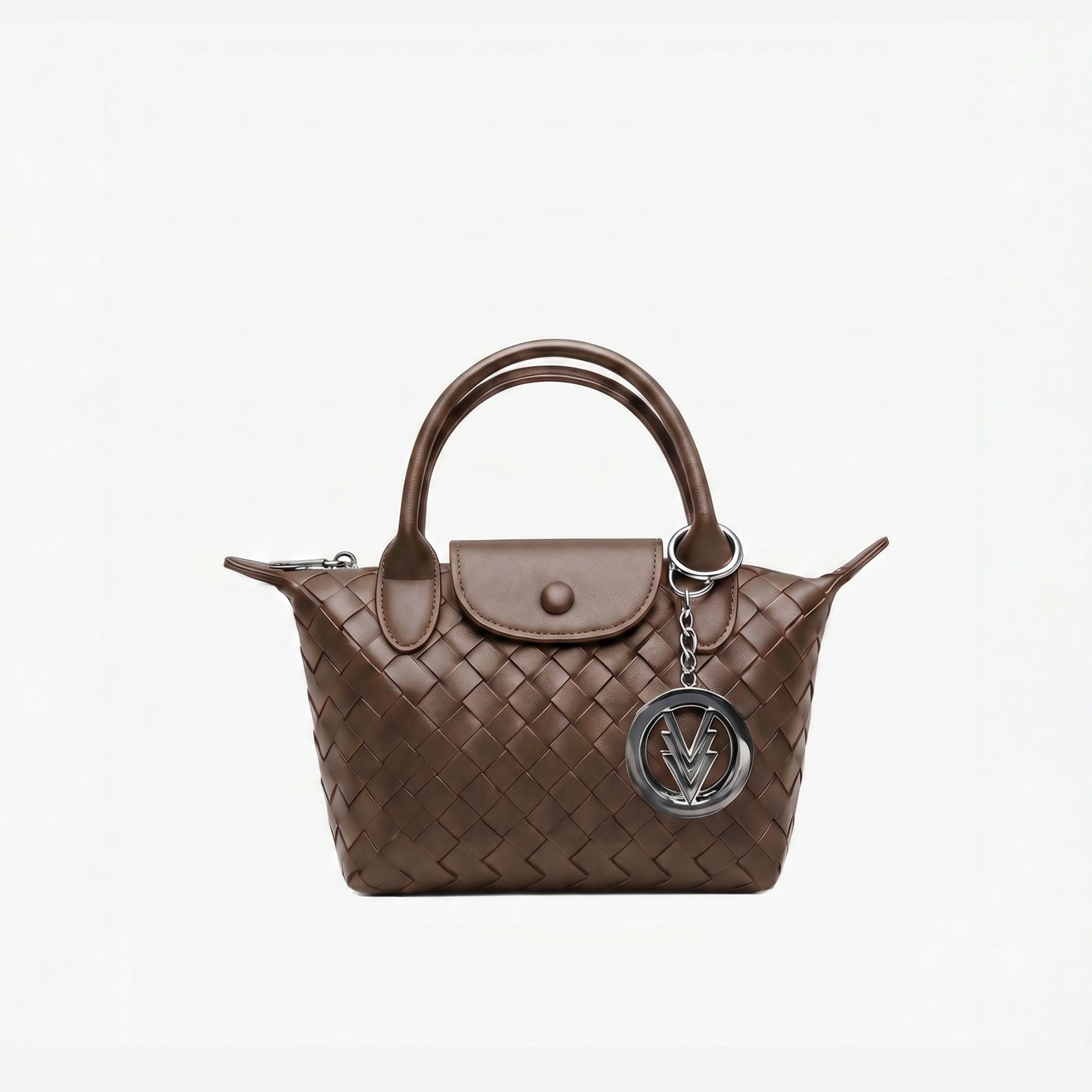 Brown woven handbag with a visible brand logo on a white background