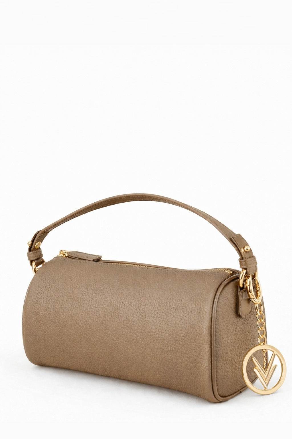 Beige handbag with a gold chain and clasp on a white background