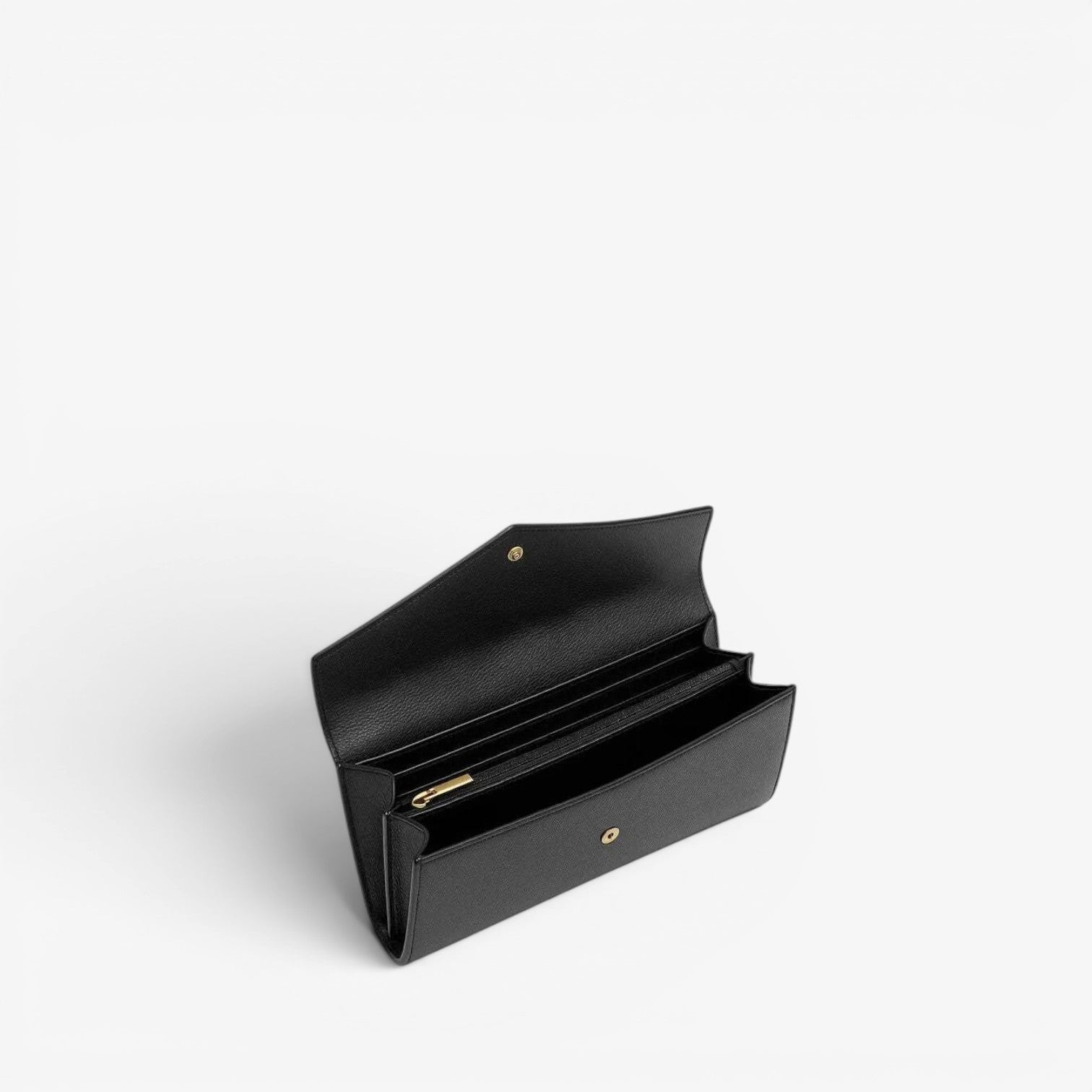 Black leather wallet with gold accents on a white background