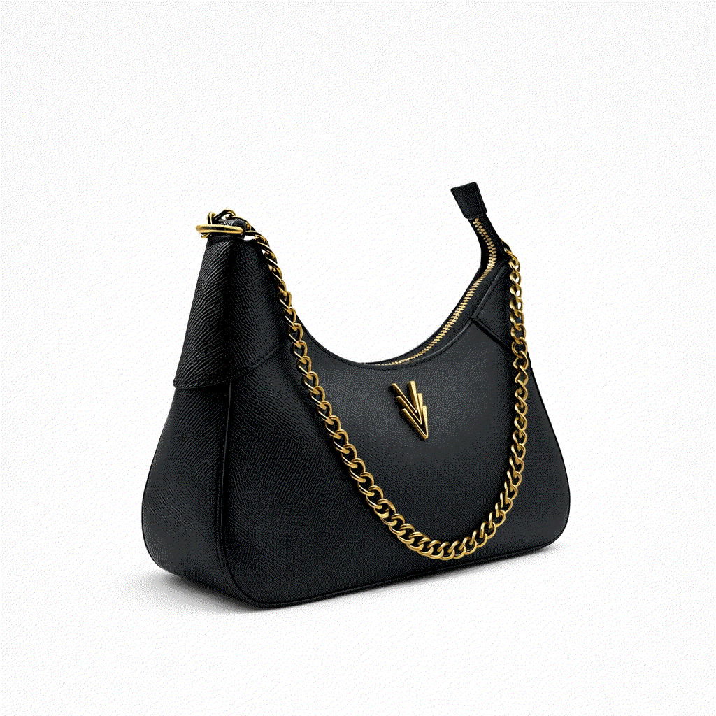 Black handbag with gold chain strap on a white background