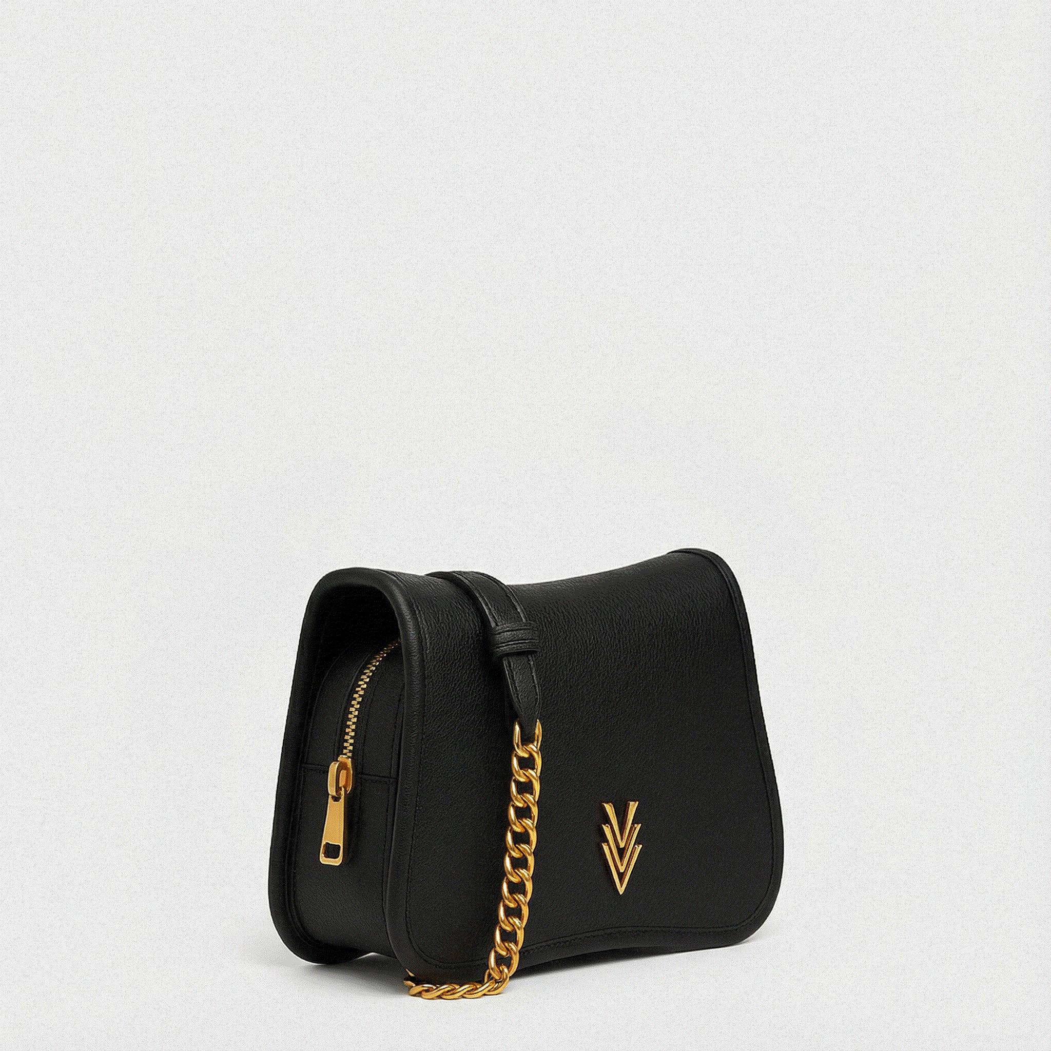 Black handbag with a gold chain and logo on a light gray background