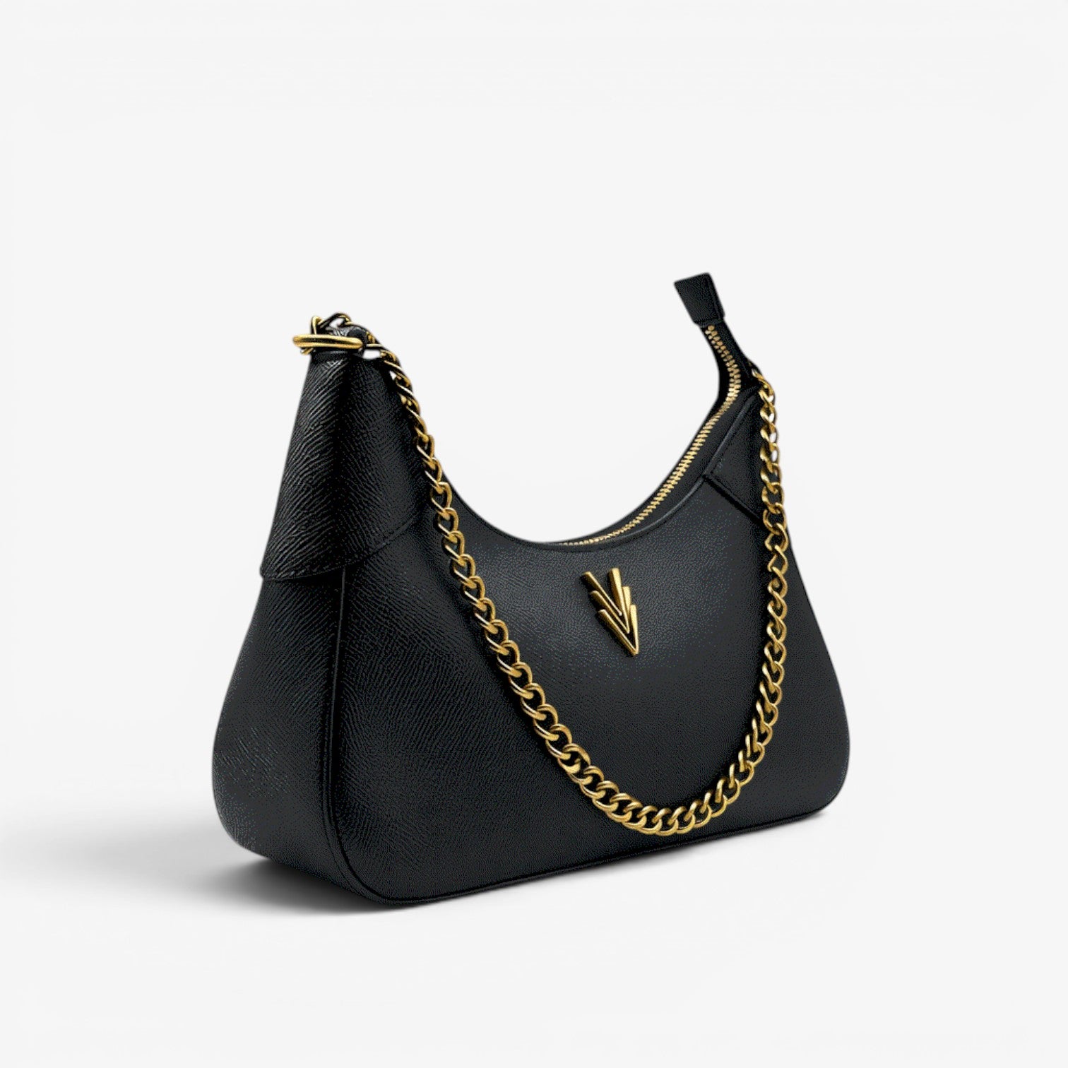 Black handbag with gold chain detail on a white background