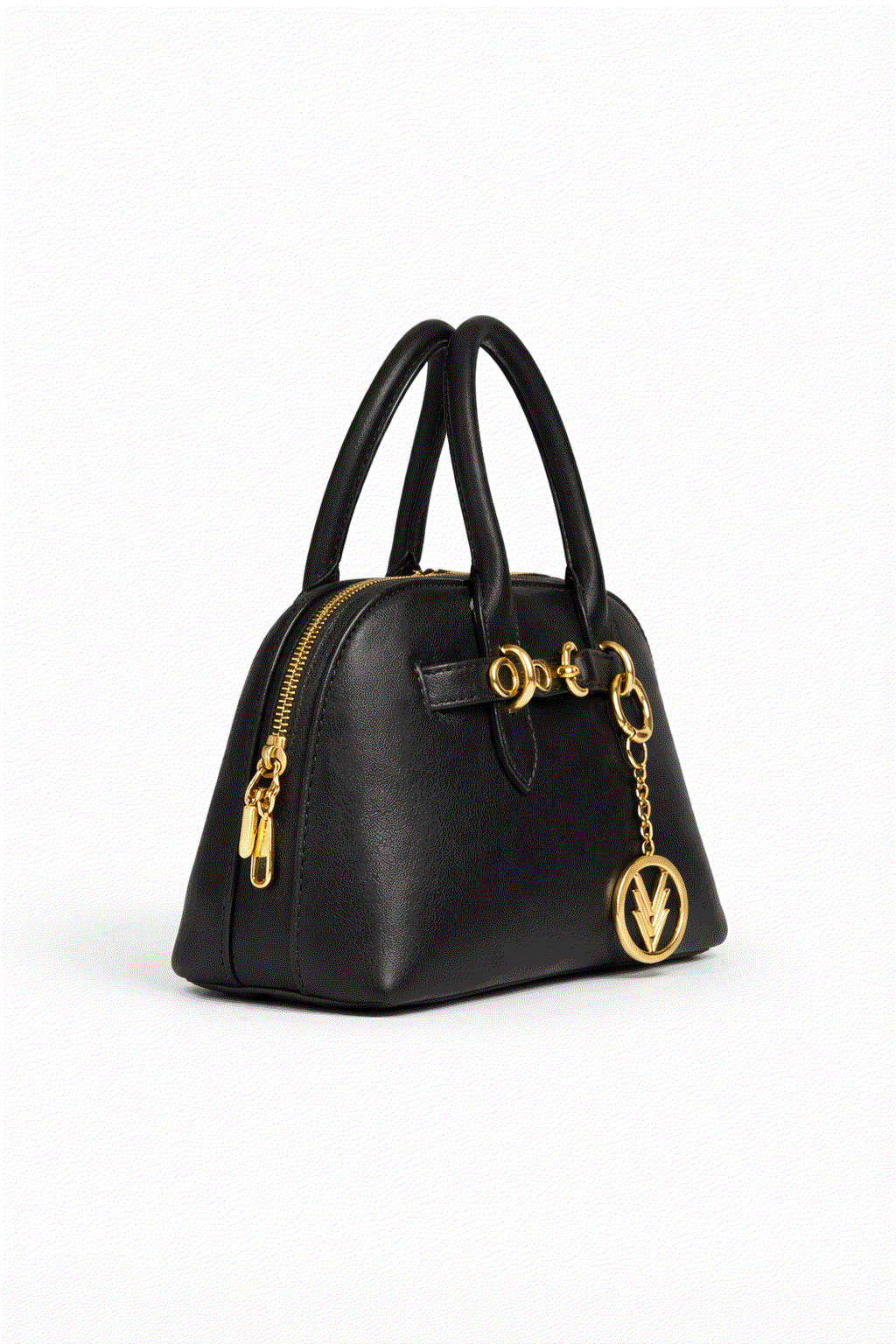 Black handbag with gold accents on a white background