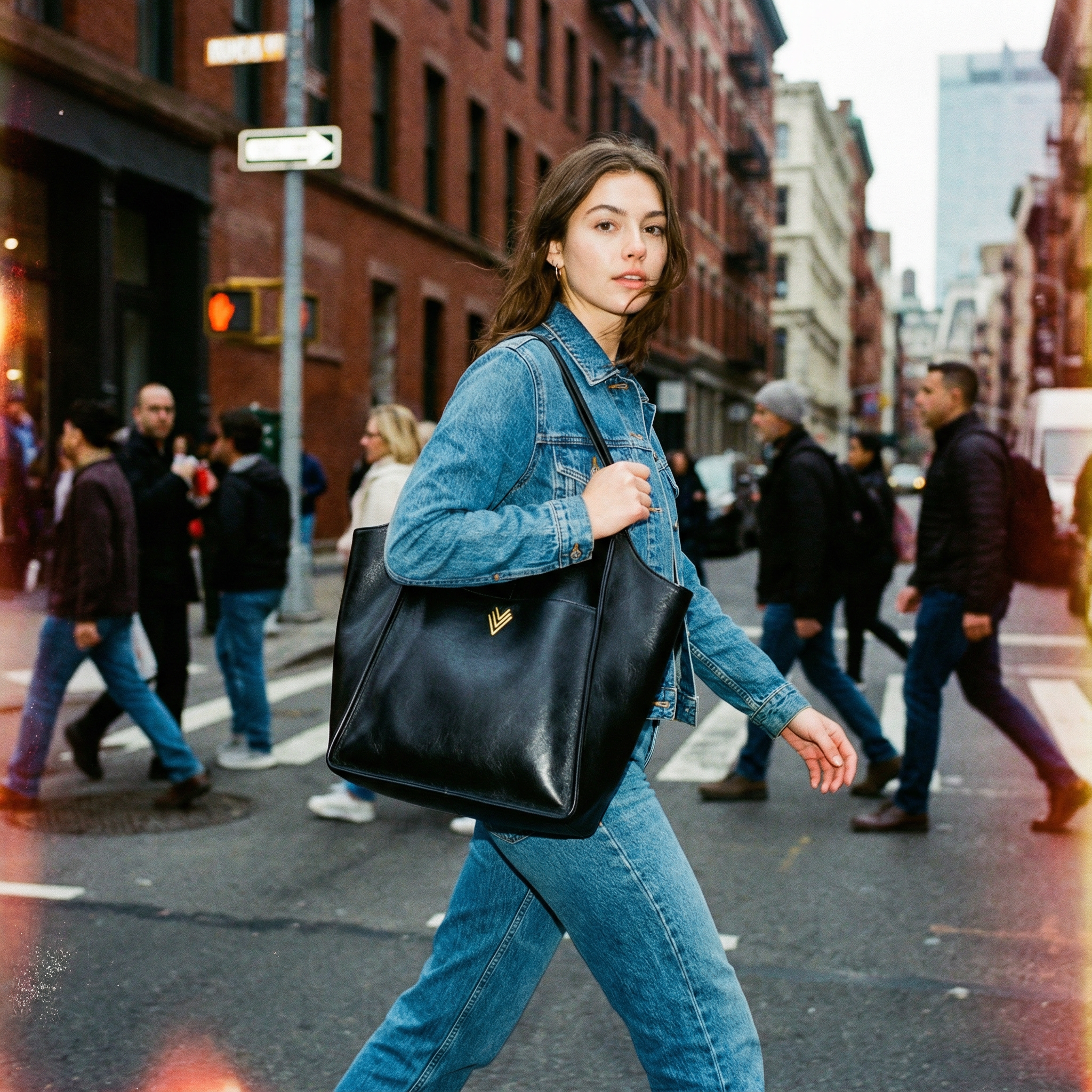 Woman crossing a city street holding a black handbag