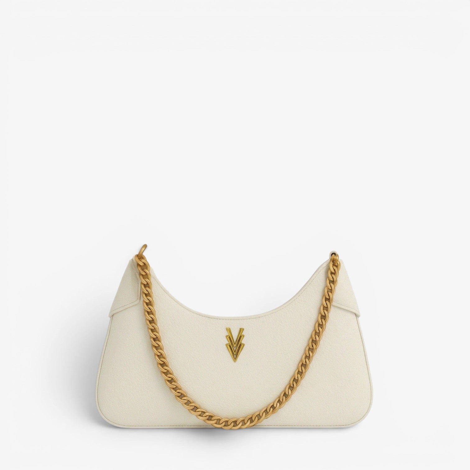 White handbag with gold chain strap on a white background