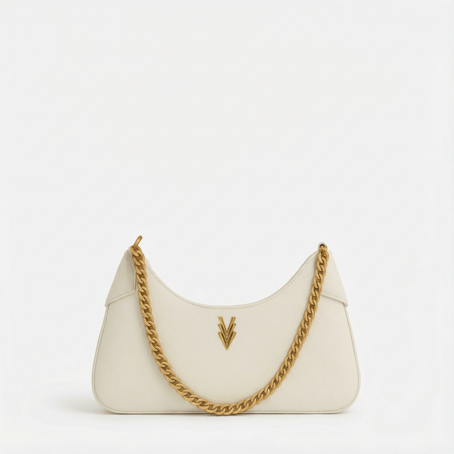 White handbag with gold chain strap on a white background
