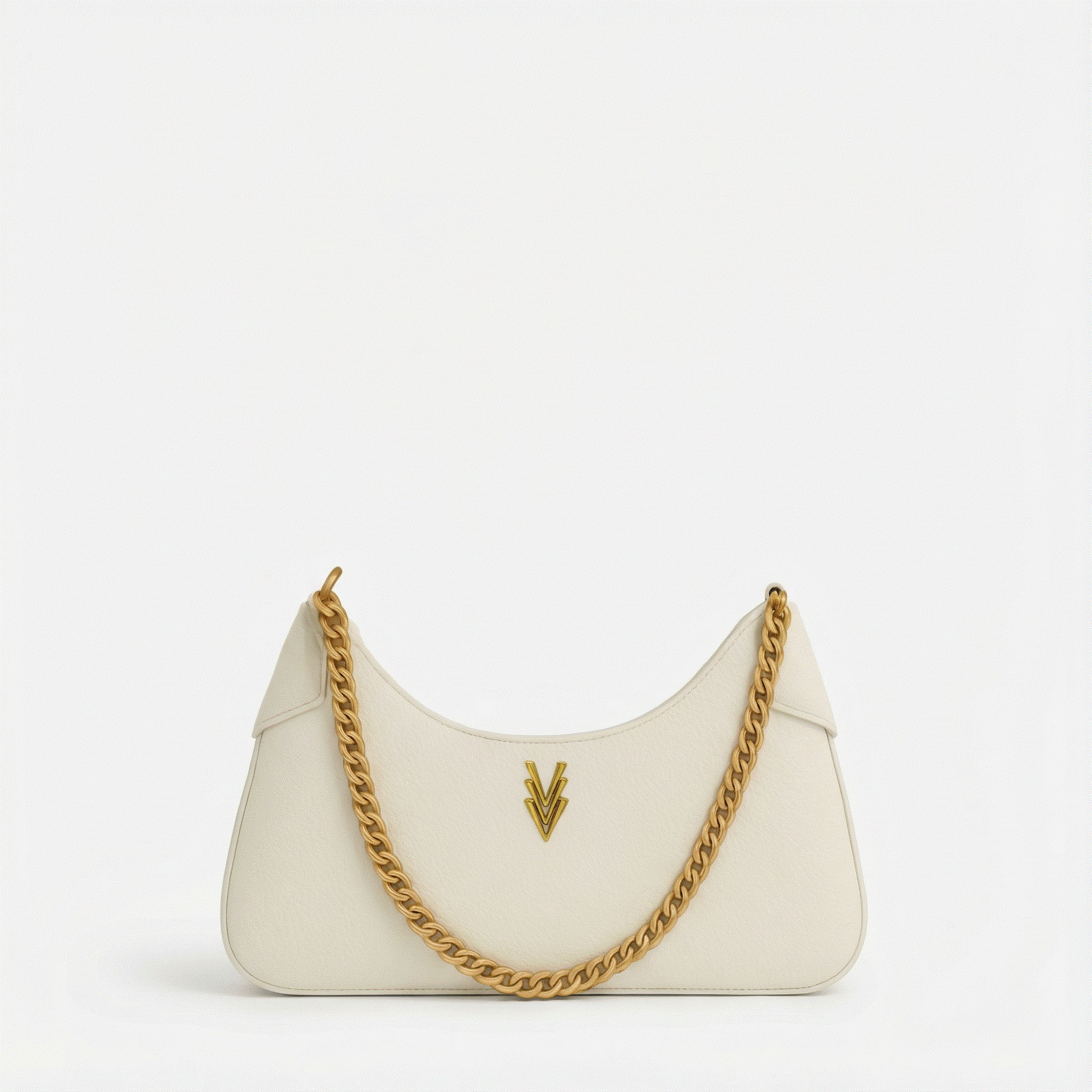White handbag with gold chain strap on a white background