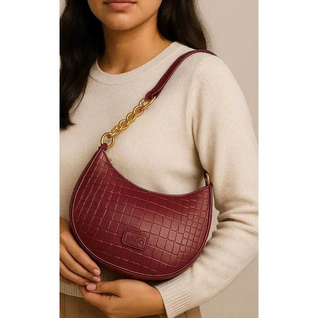 Half Moon Embossed Vegan Purse with Gold Chain and Logo