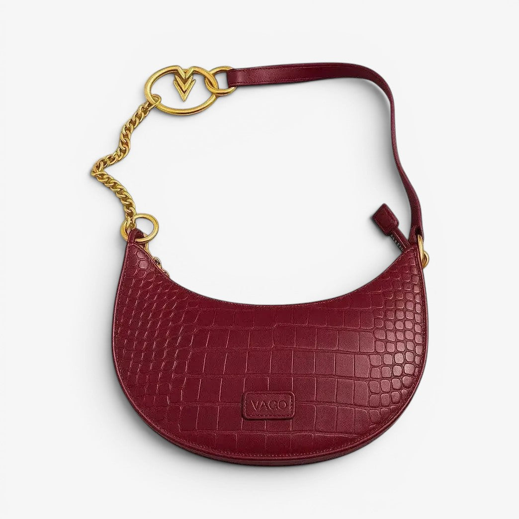 Half Moon Embossed Vegan Purse with Gold Chain and Logo