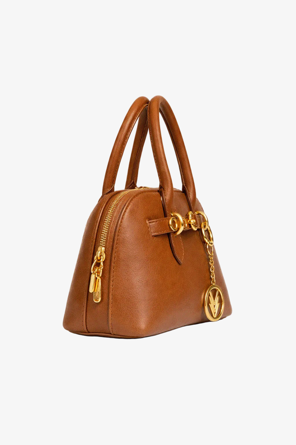 Brown handbag with gold accents on a white background