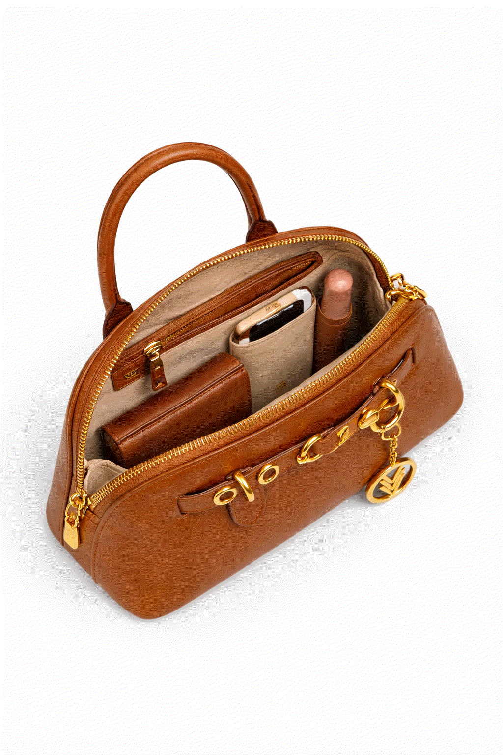 Brown handbag with gold accents on a white background