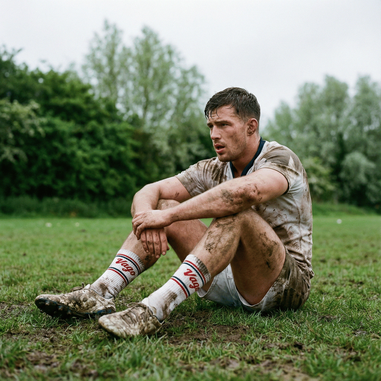 Man sitting on a grassy field wearing muddy sports gear with visible branding.