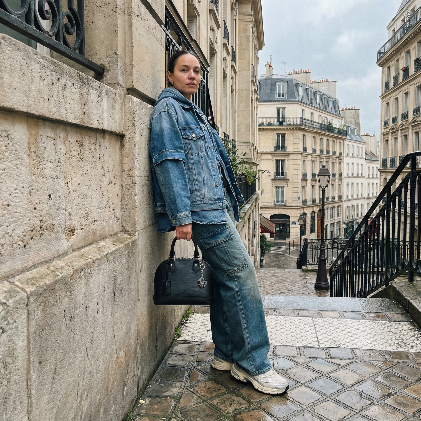 Person in denim outfit leaning against a wall in an urban setting
