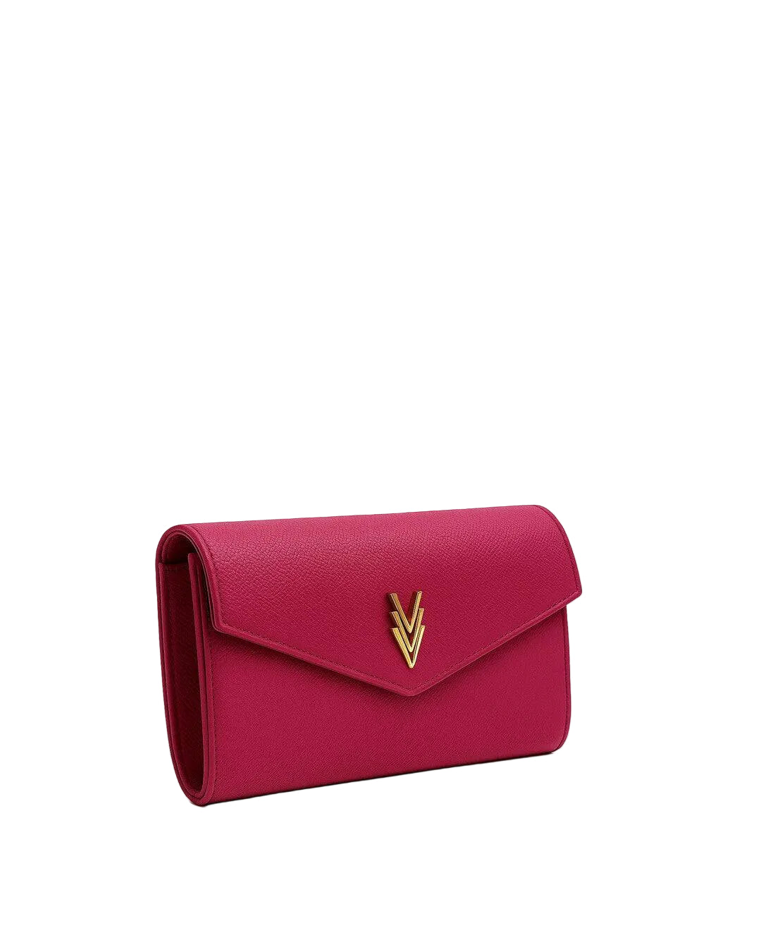 Pink clutch bag with a gold emblem on a white background