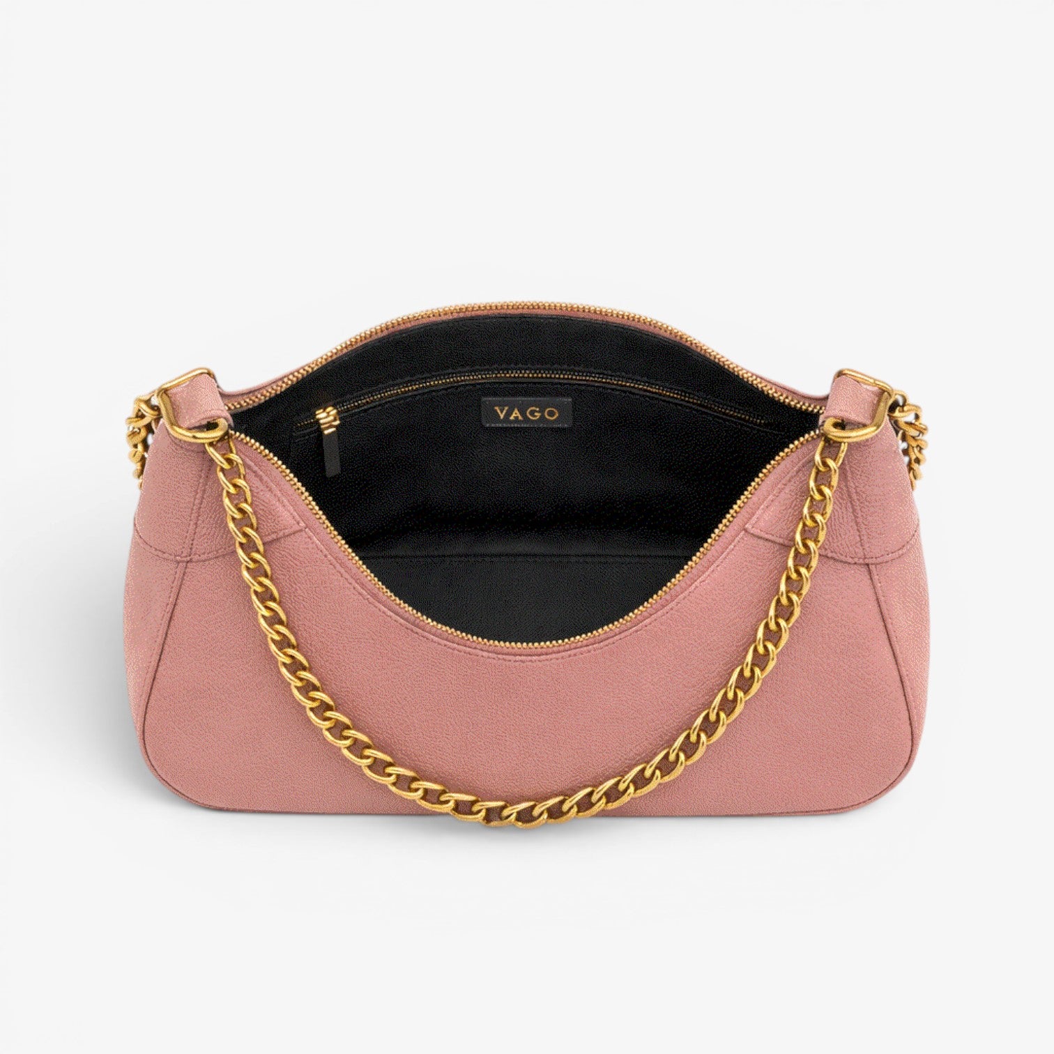 Pink handbag with gold chain detail on a white background