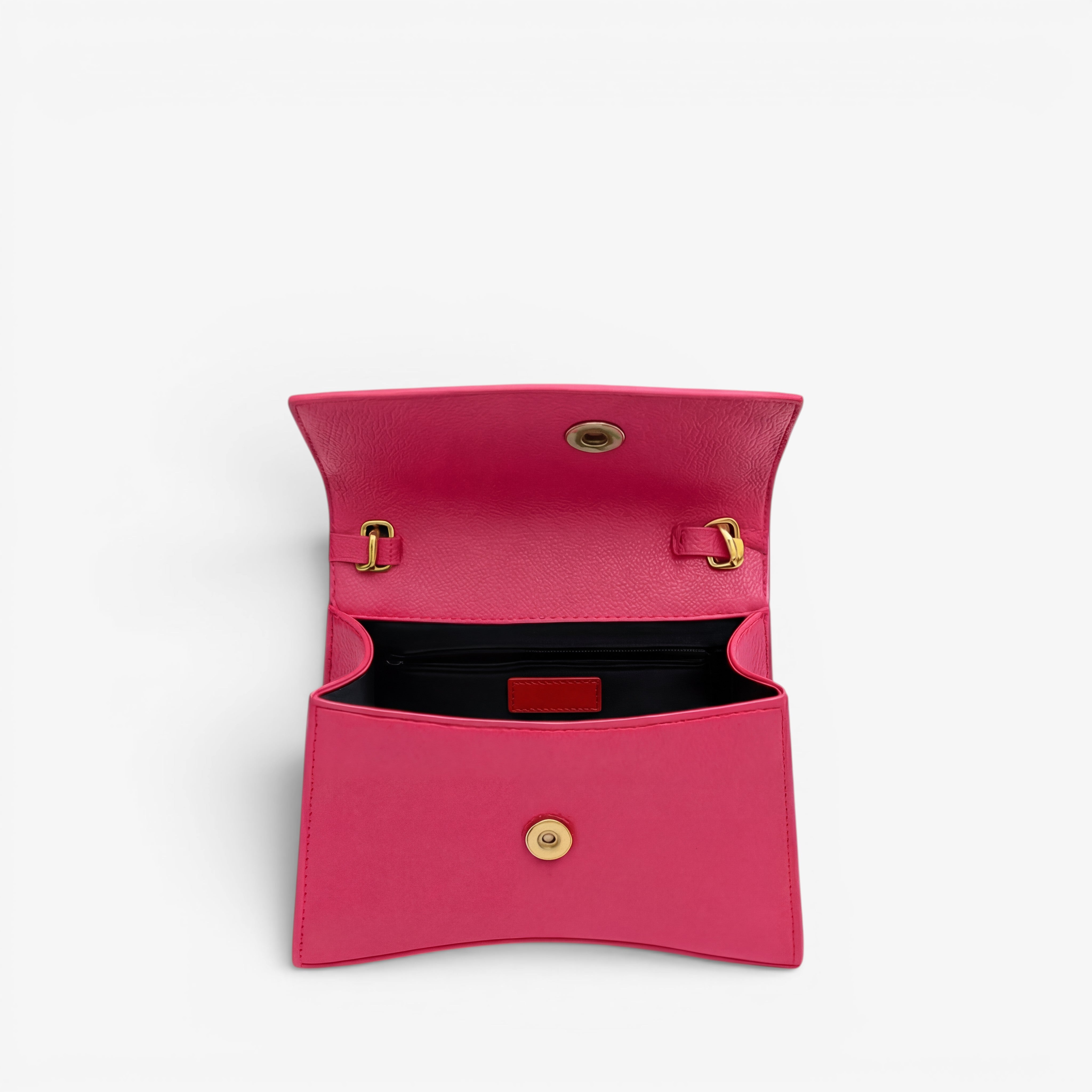 Pink handbag with gold accents on a white background
